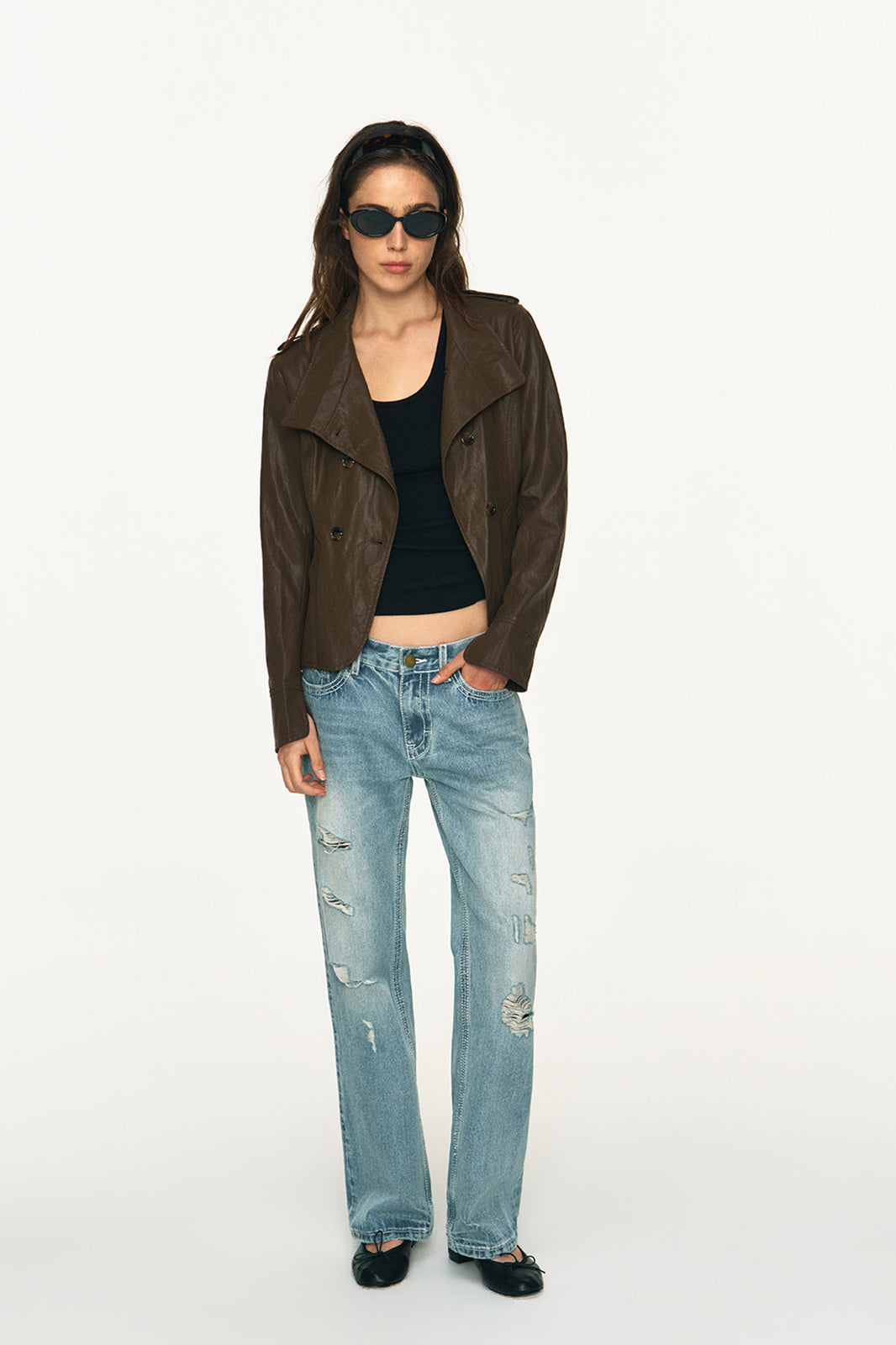 ANTENNA EFFECT Retro Double-Breasted Faux Leather Slim Jacket