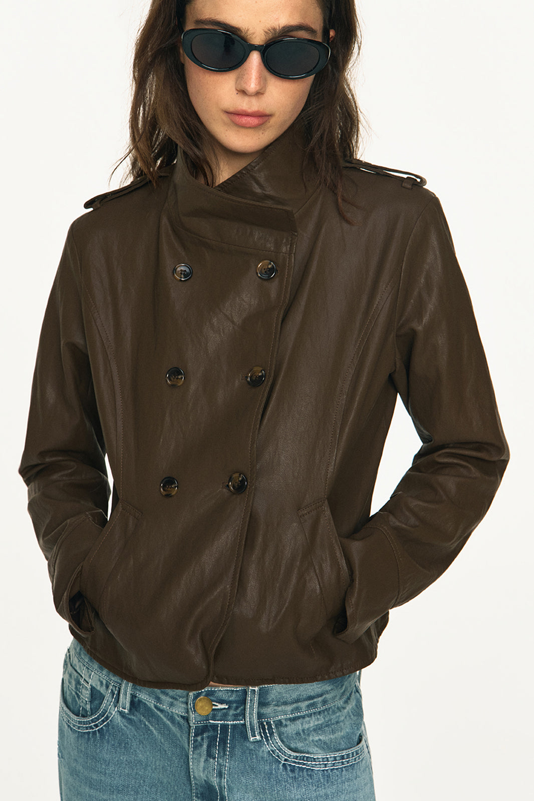 ANTENNA EFFECT Retro Double-Breasted Faux Leather Slim Jacket