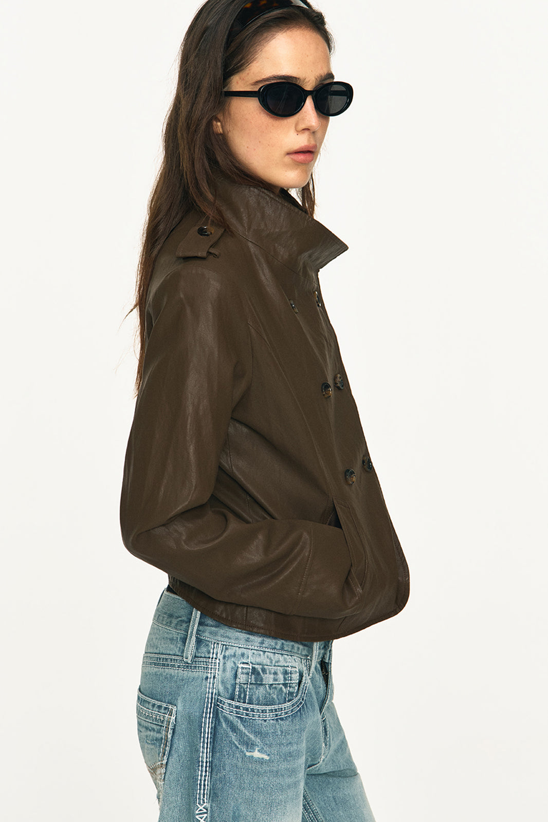 ANTENNA EFFECT Retro Double-Breasted Faux Leather Slim Jacket