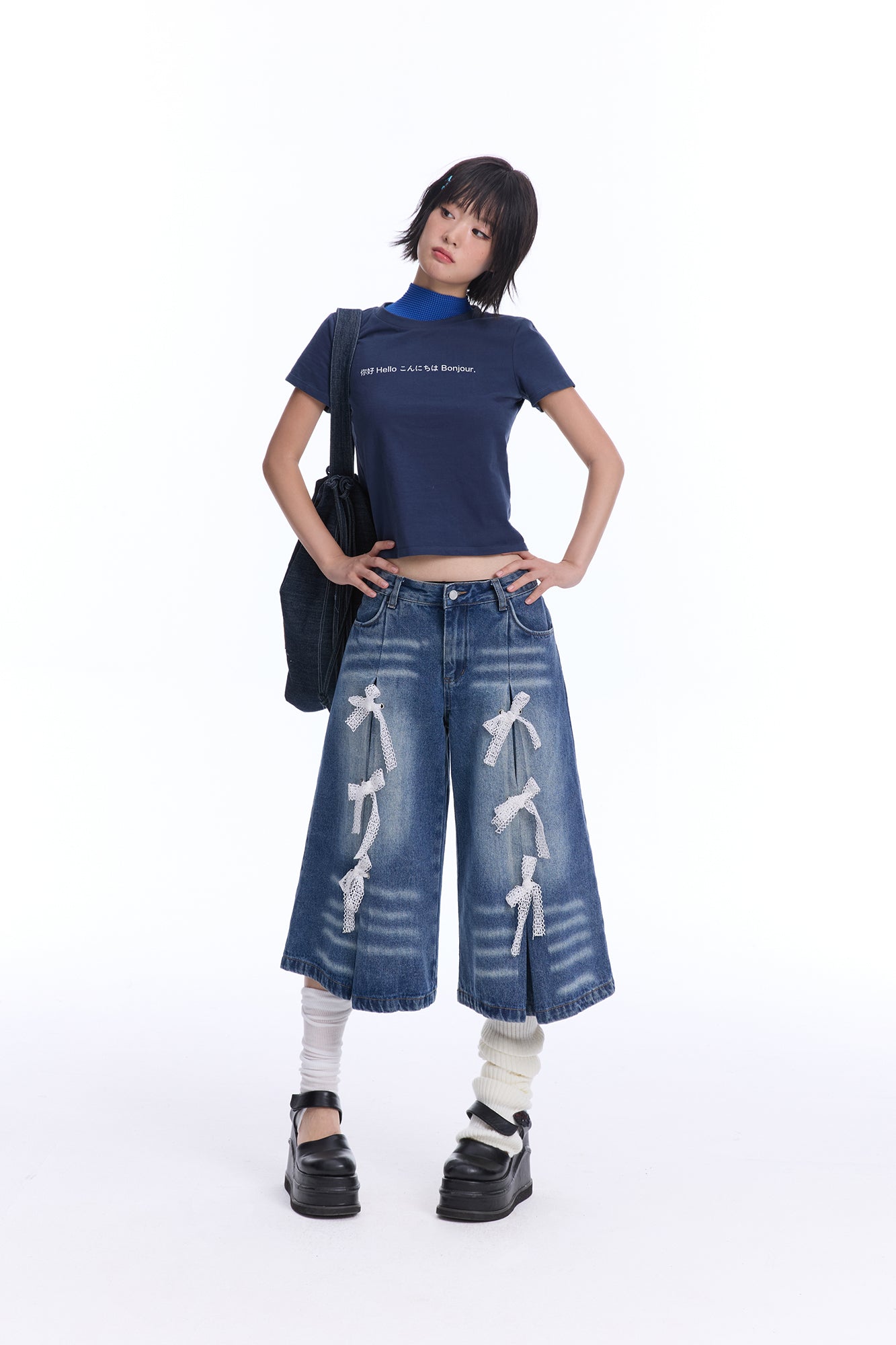 MOF Lace Bow Wide-Leg Cropped Jeans