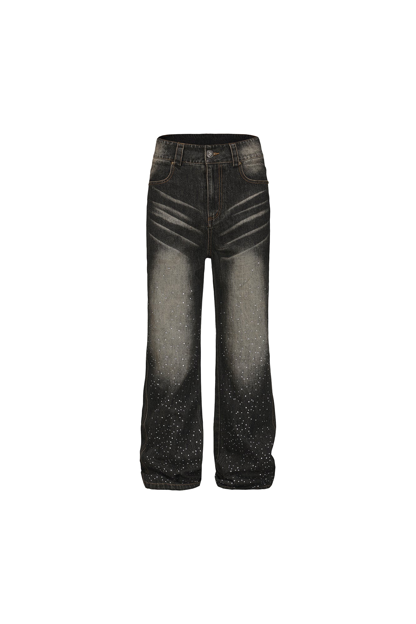 FAYCHUI Washed Whiskered Rhinestone Jeans