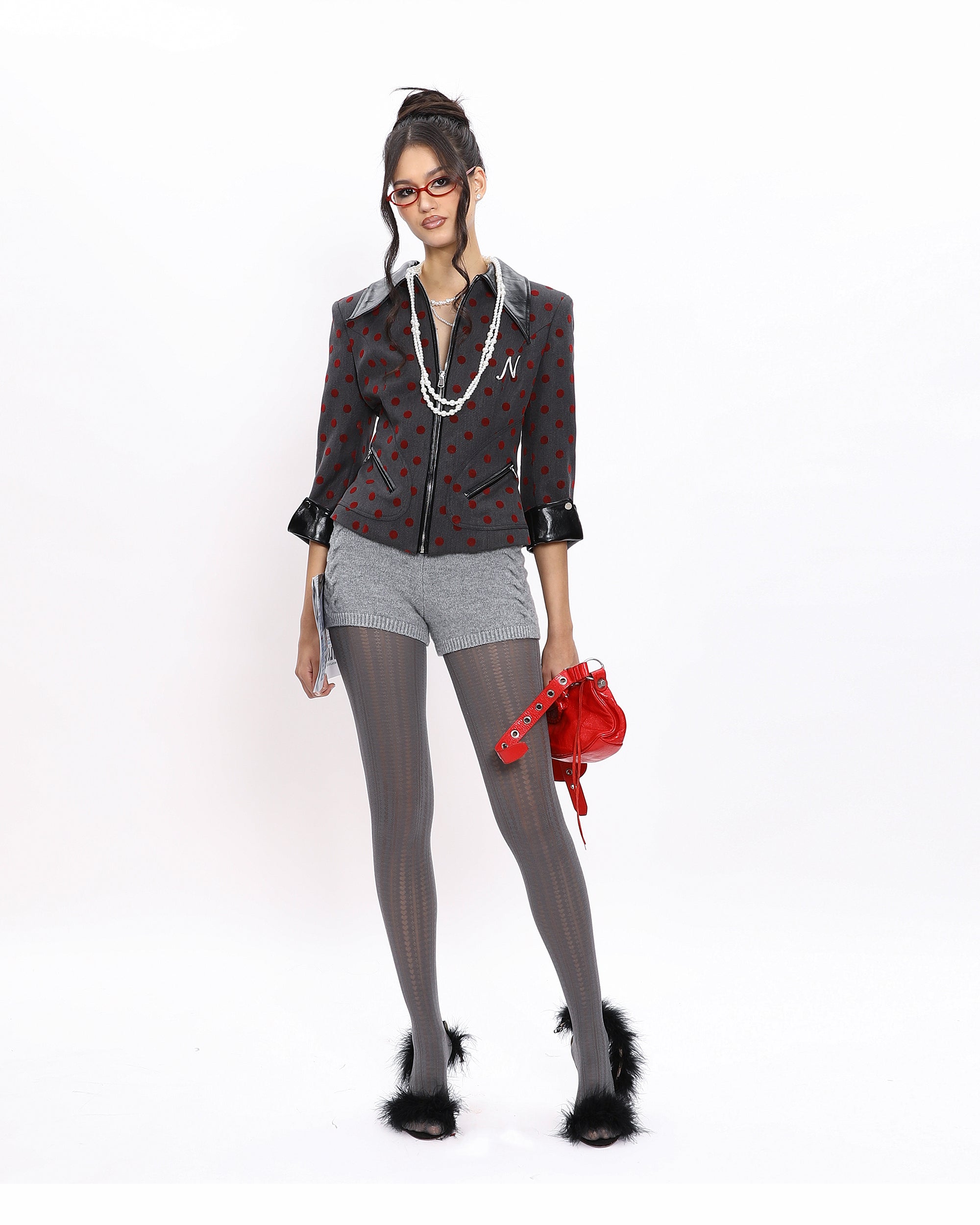 NEVER OFFEND L ANGEL Polka Dot Faux Leather Spliced Cropped Blazer