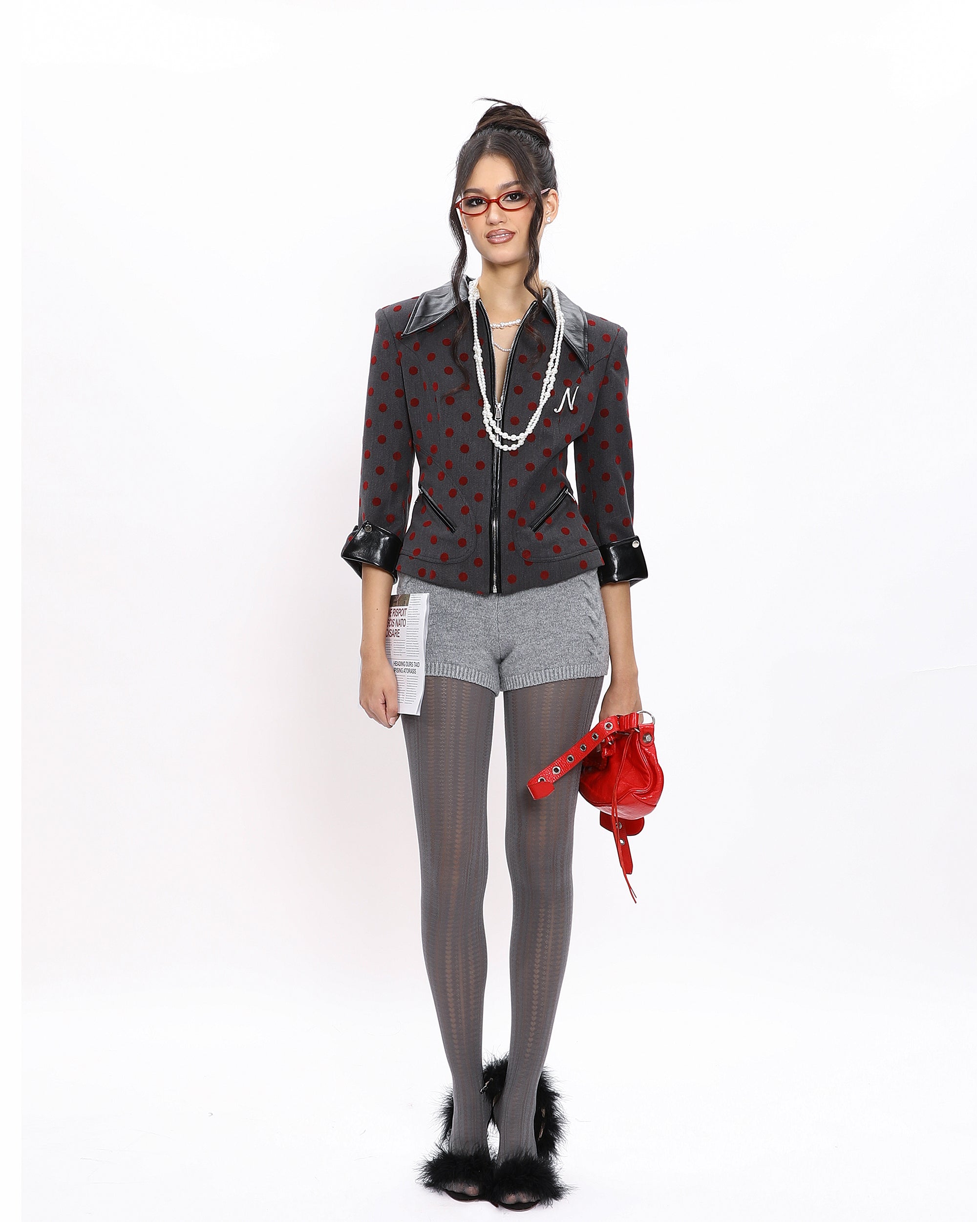 NEVER OFFEND L ANGEL Polka Dot Faux Leather Spliced Cropped Blazer