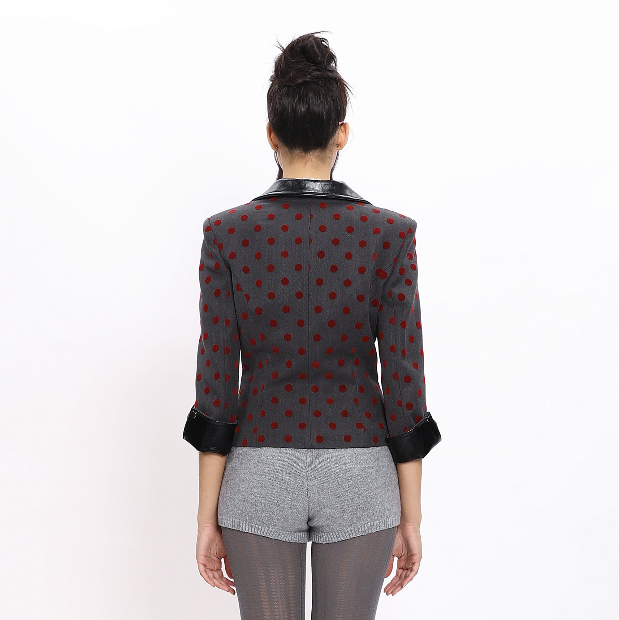 NEVER OFFEND L ANGEL Polka Dot Faux Leather Spliced Cropped Blazer