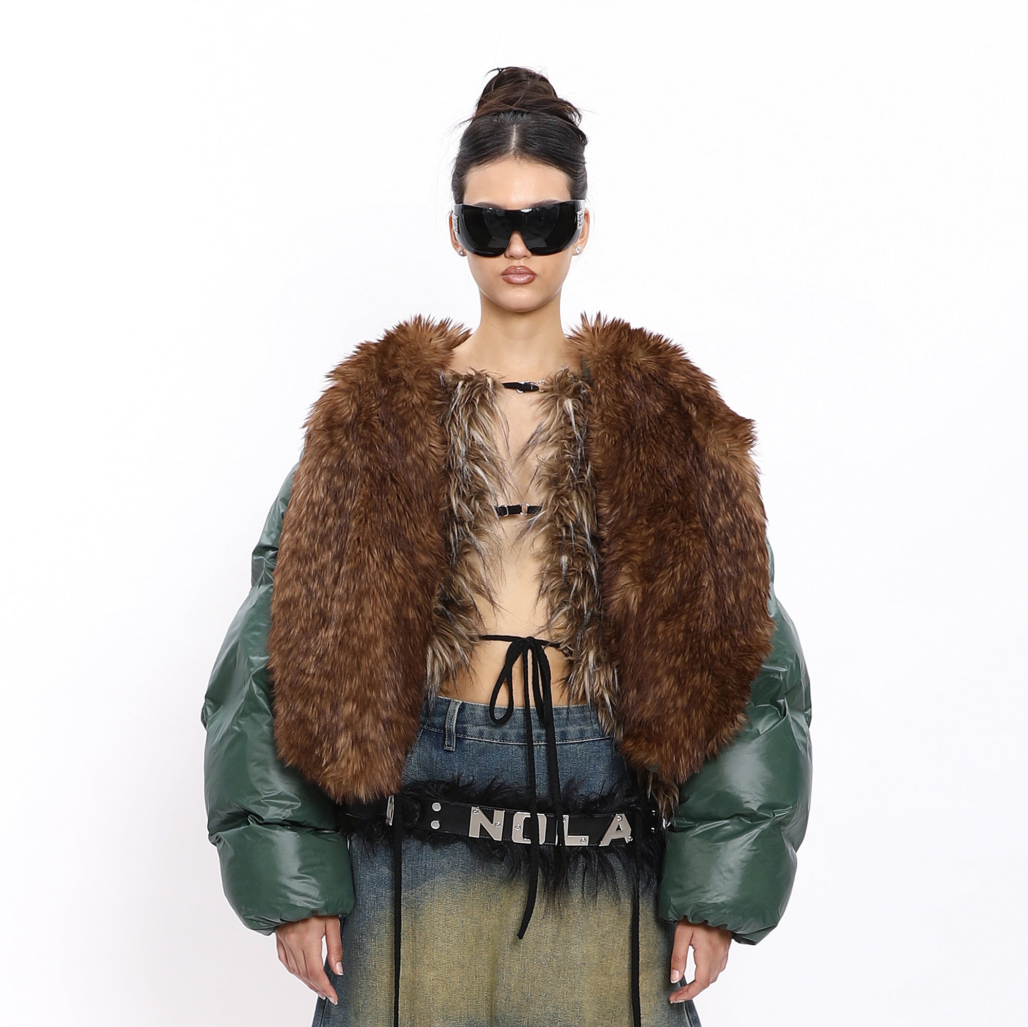 NEVER OFFEND L ANGEL Faux Fur Collar Cropped Puffer Jacket