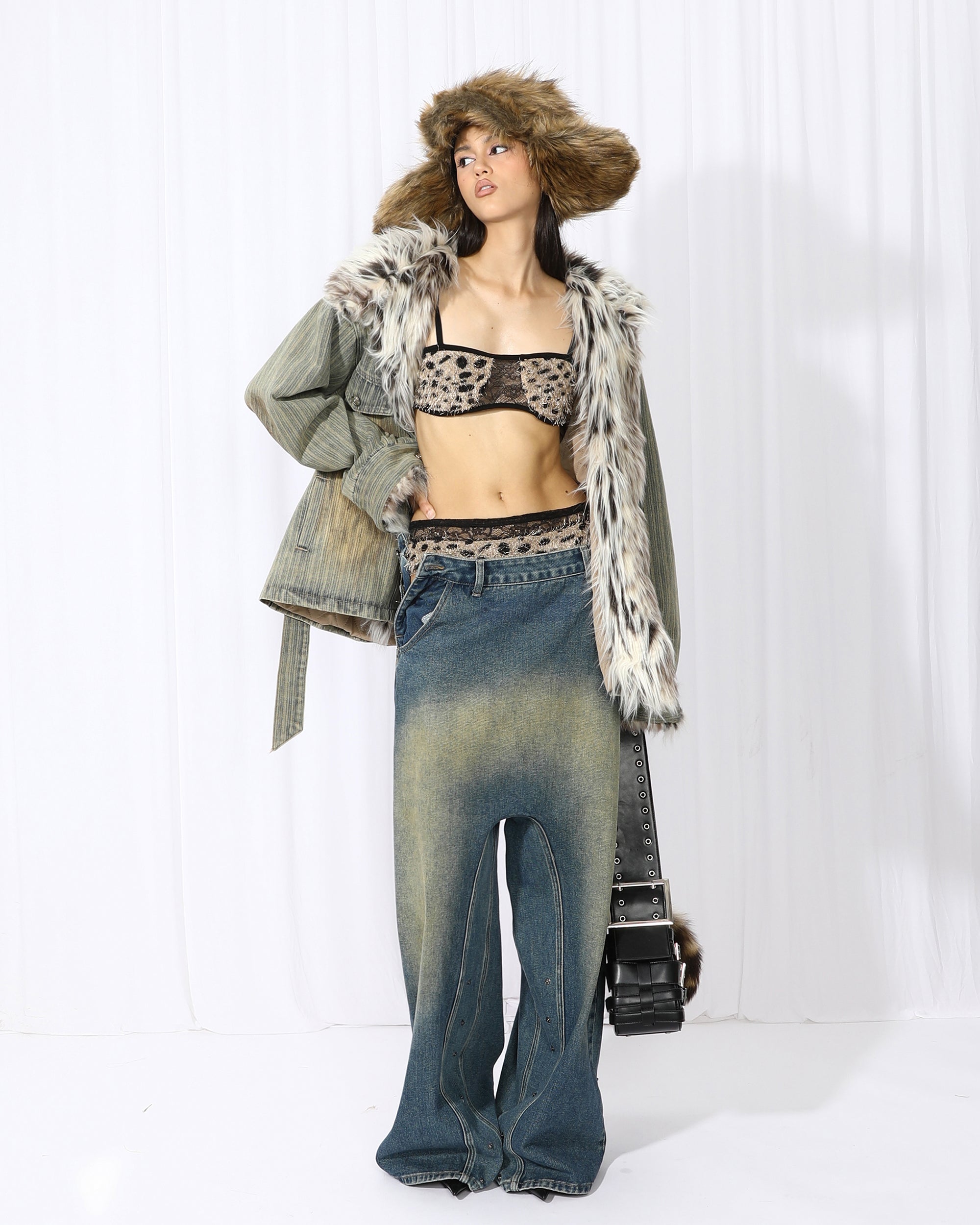 NEVER OFFEND L ANGEL Distressed Denim Fur-Trim Jacket