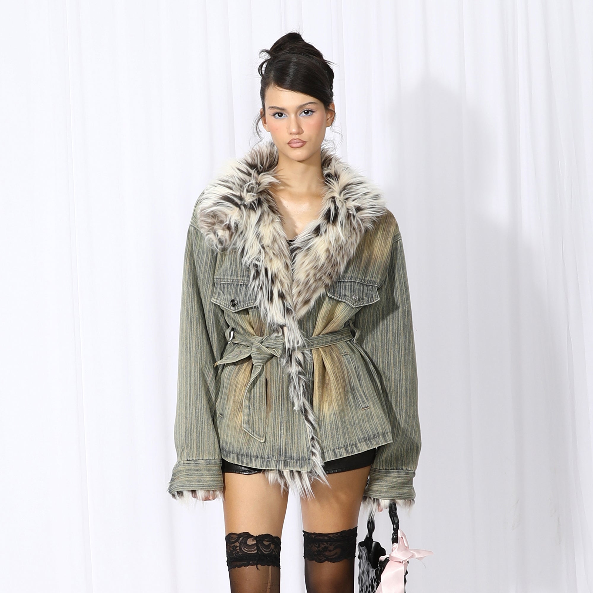 NEVER OFFEND L ANGEL Distressed Denim Fur-Trim Jacket