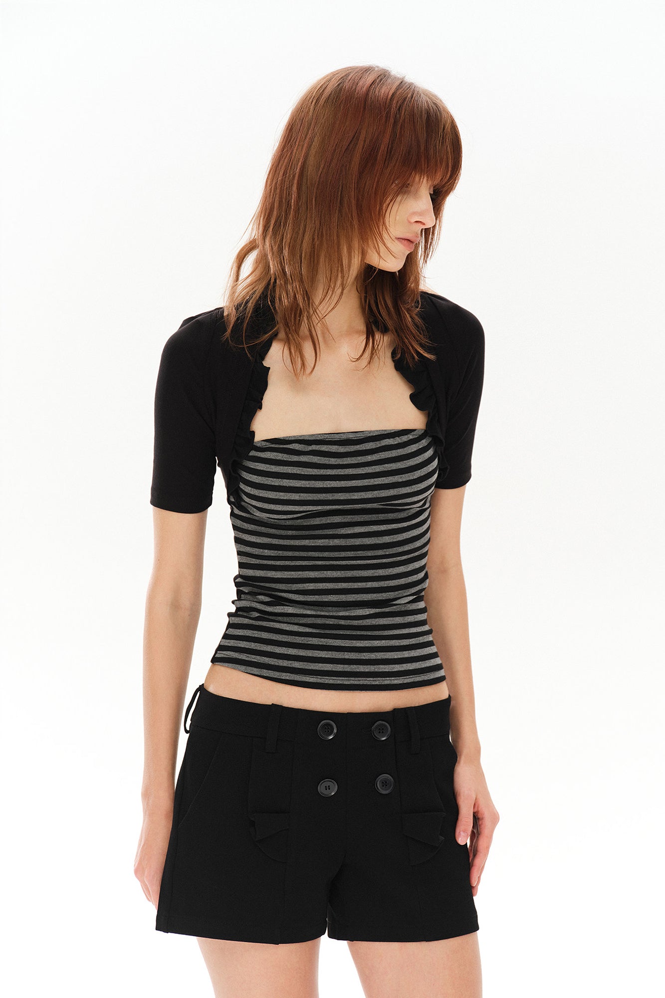 COSTUSTOOT Ruffle Layered Shrug Stripe Top