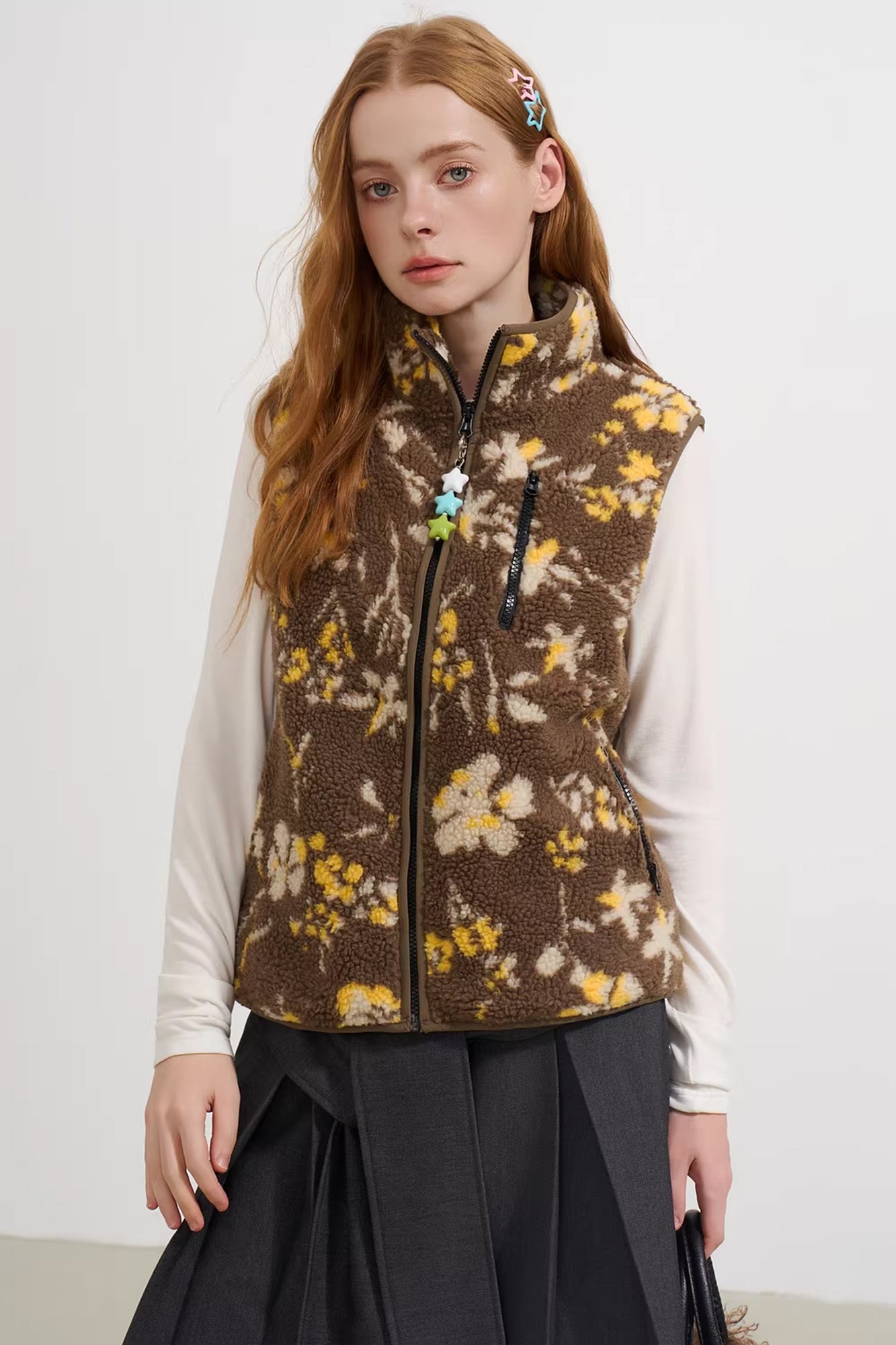 SOFITTE Retro Floral Faux-Shearling Mockneck Vest