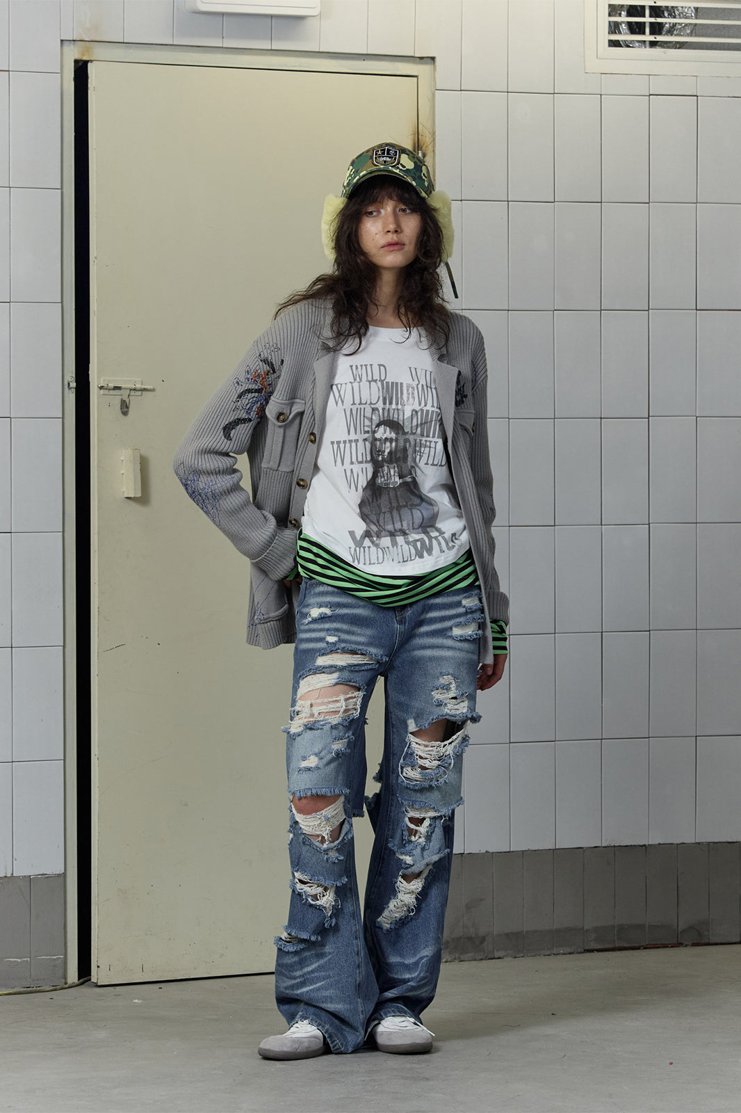 FULLTIDE Graffiti Spliced Stripe Layered Long-Sleeve Tee