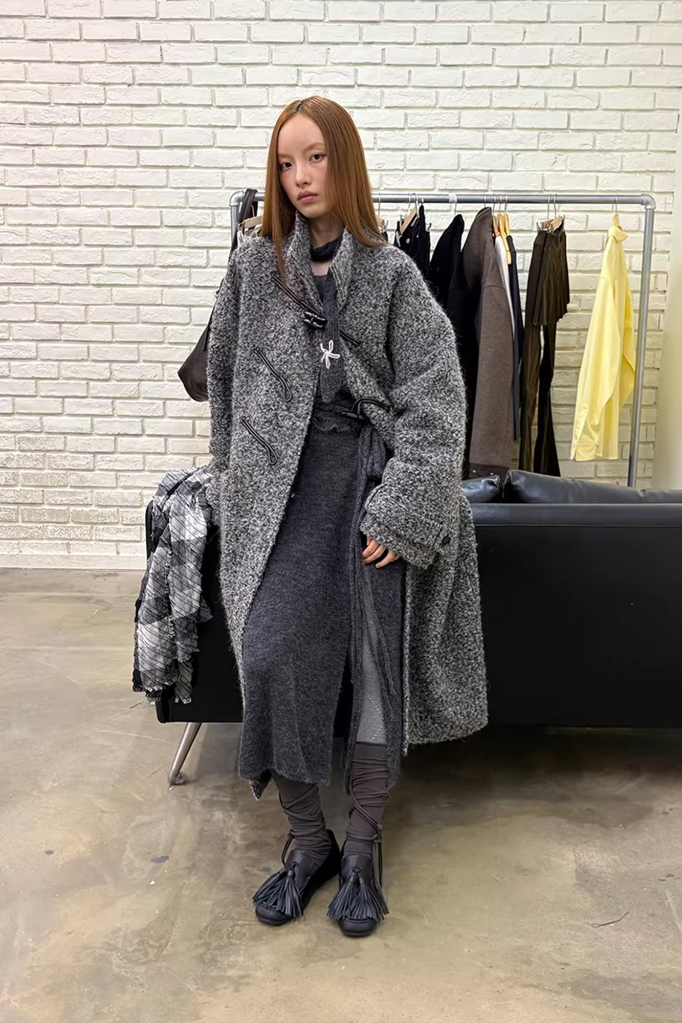 NEVERSEEZ Bouclé Wool-Blend Toggle Longline Coat