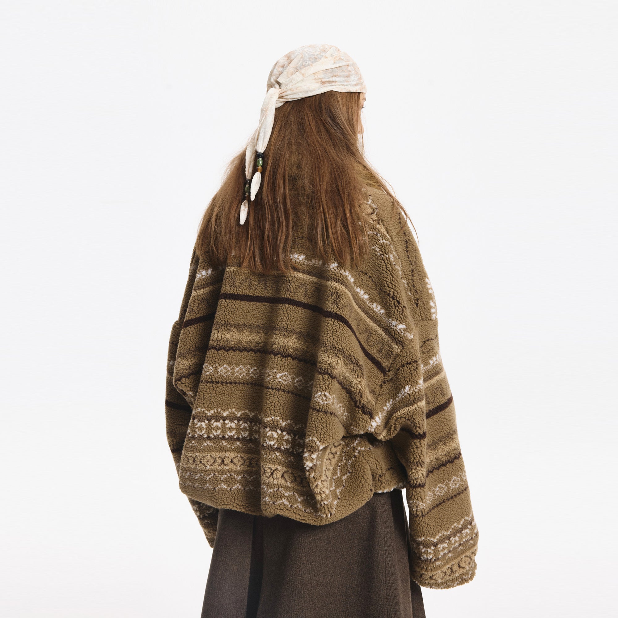 LEONSENSE Detachable Faux Fur Collar Fair Isle Jacket