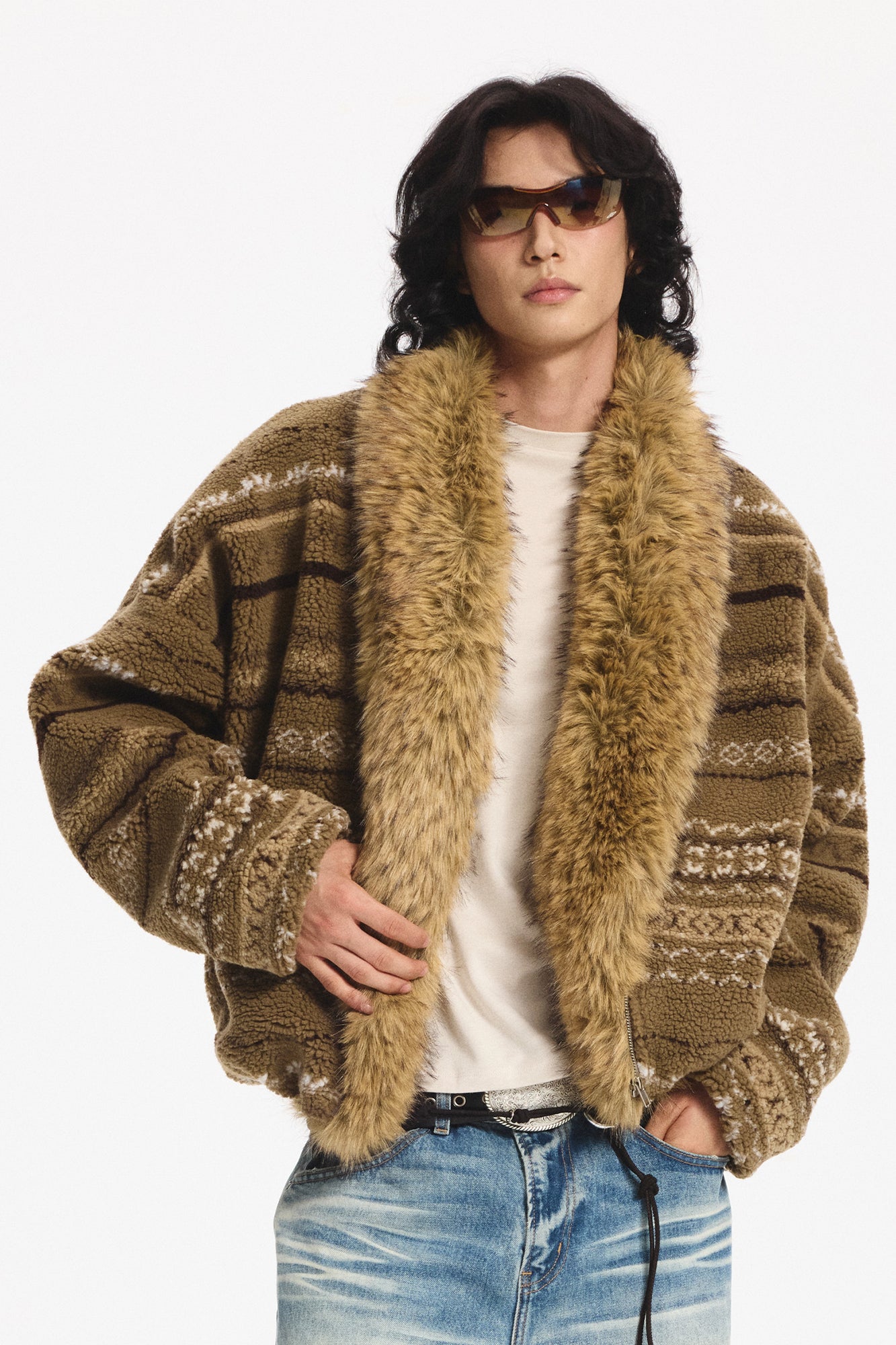 LEONSENSE Detachable Faux Fur Collar Fair Isle Jacket