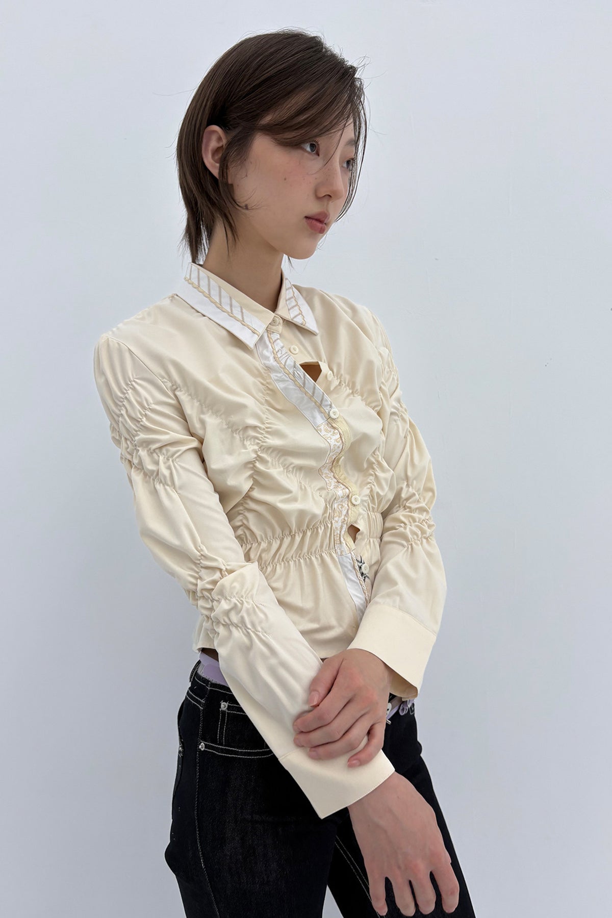 9266 STUDIO Asymmetrical Ruched Waist Shirt