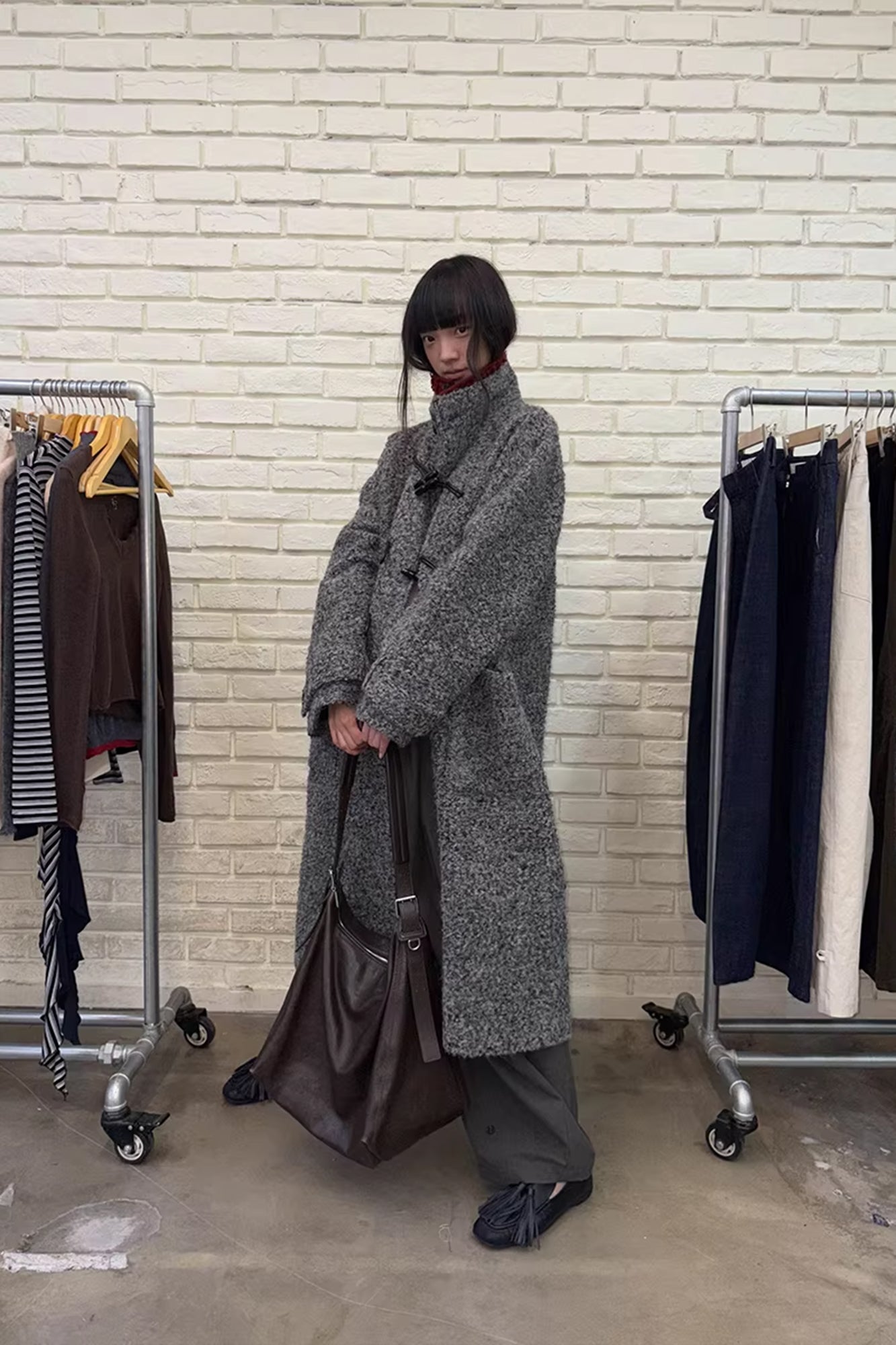 NEVERSEEZ Bouclé Wool-Blend Toggle Longline Coat