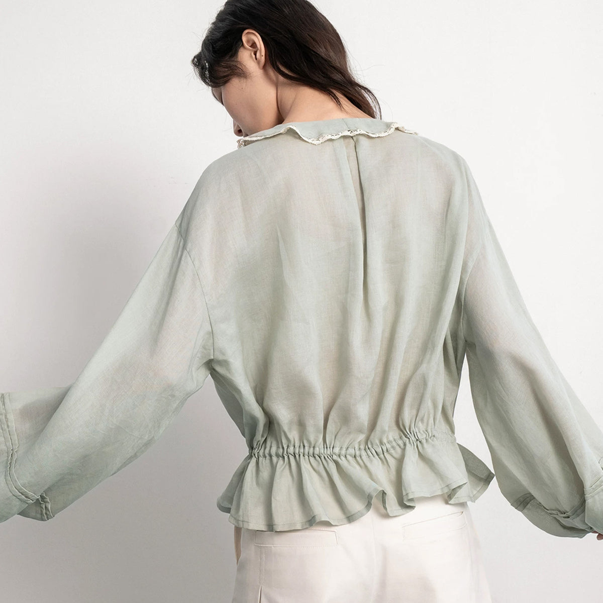 SAME FLOW Lace Trim Ruffle Drawstring Blouse