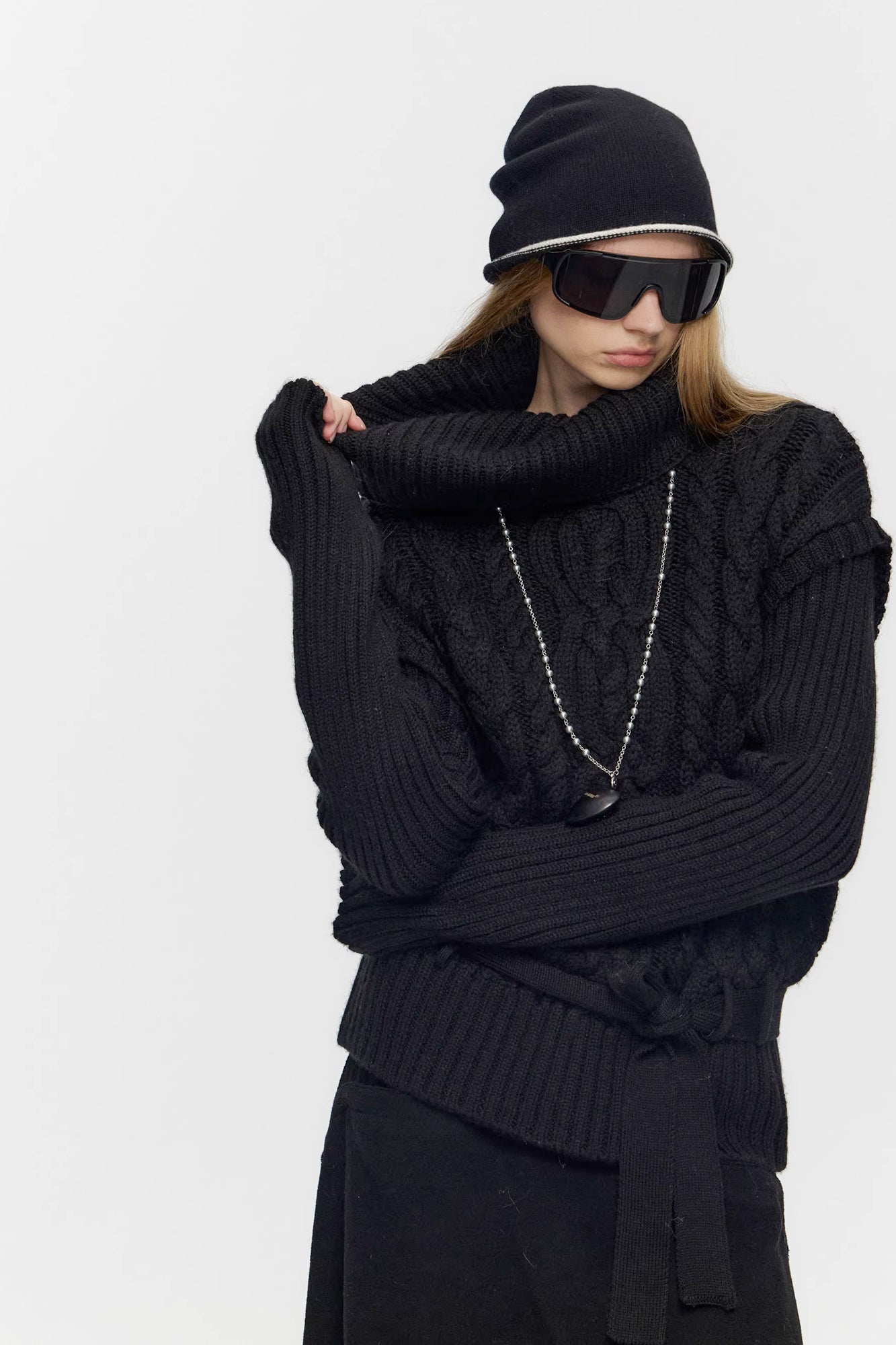 10AMSOTIIIIIIRED Spliced Cable-Knit Wool-Blend Belted Sweater