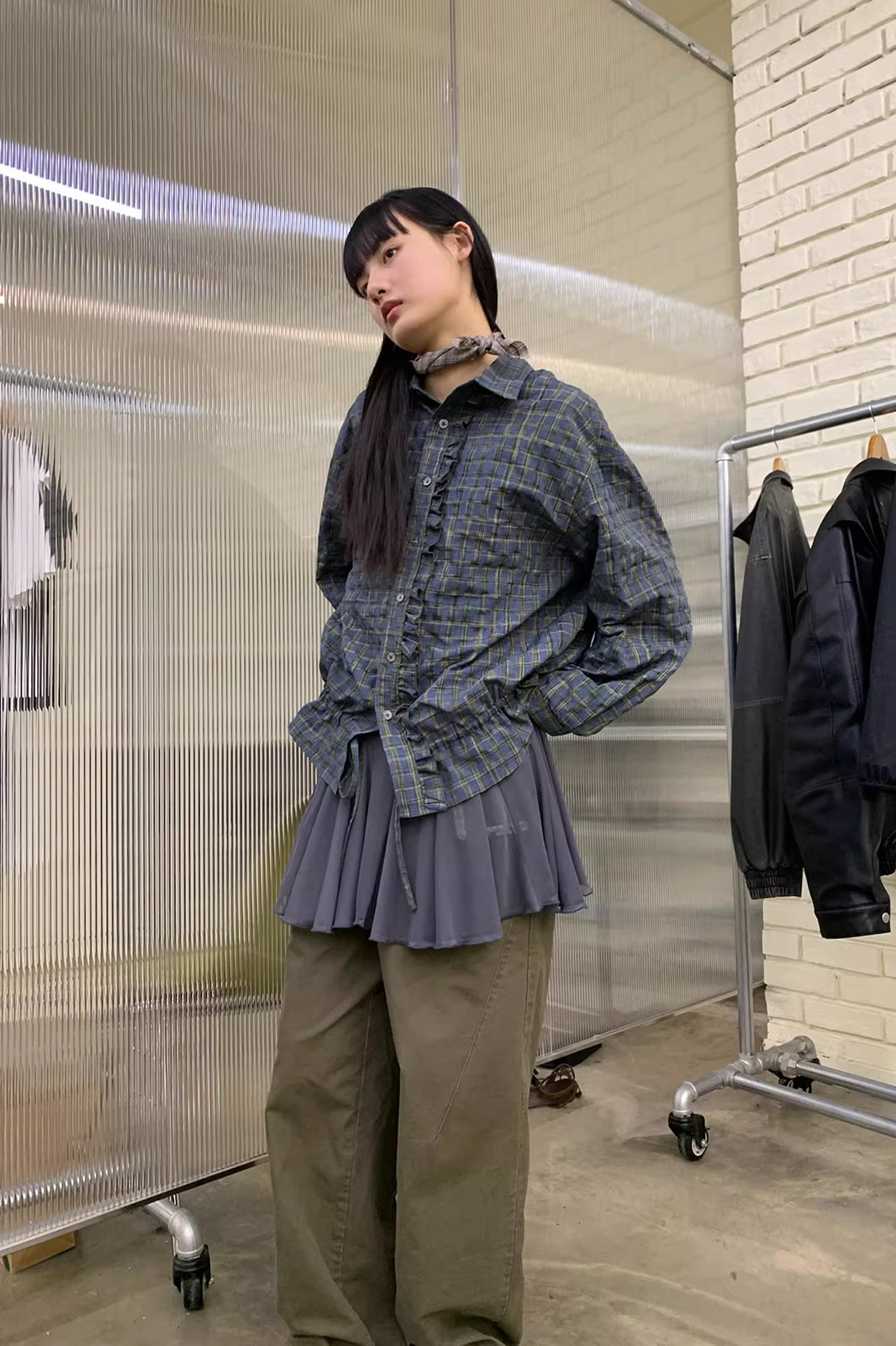 NEVERSEEZ Ruffle-Placket Seersucker Plaid Drawstring Shirt
