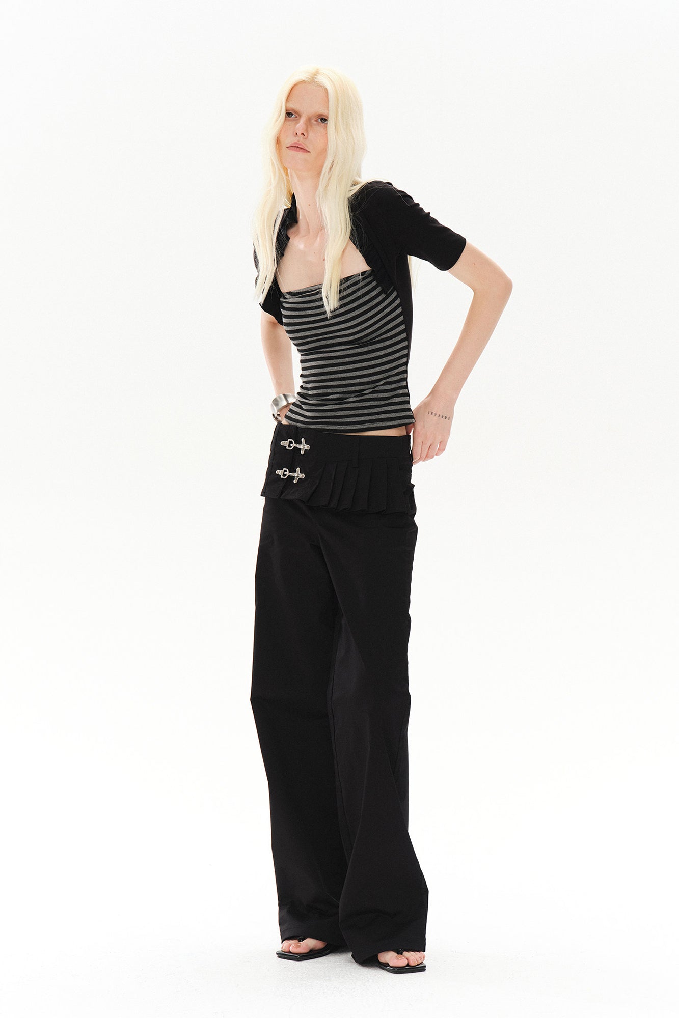 COSTUSTOOT Ruffle Layered Shrug Stripe Top