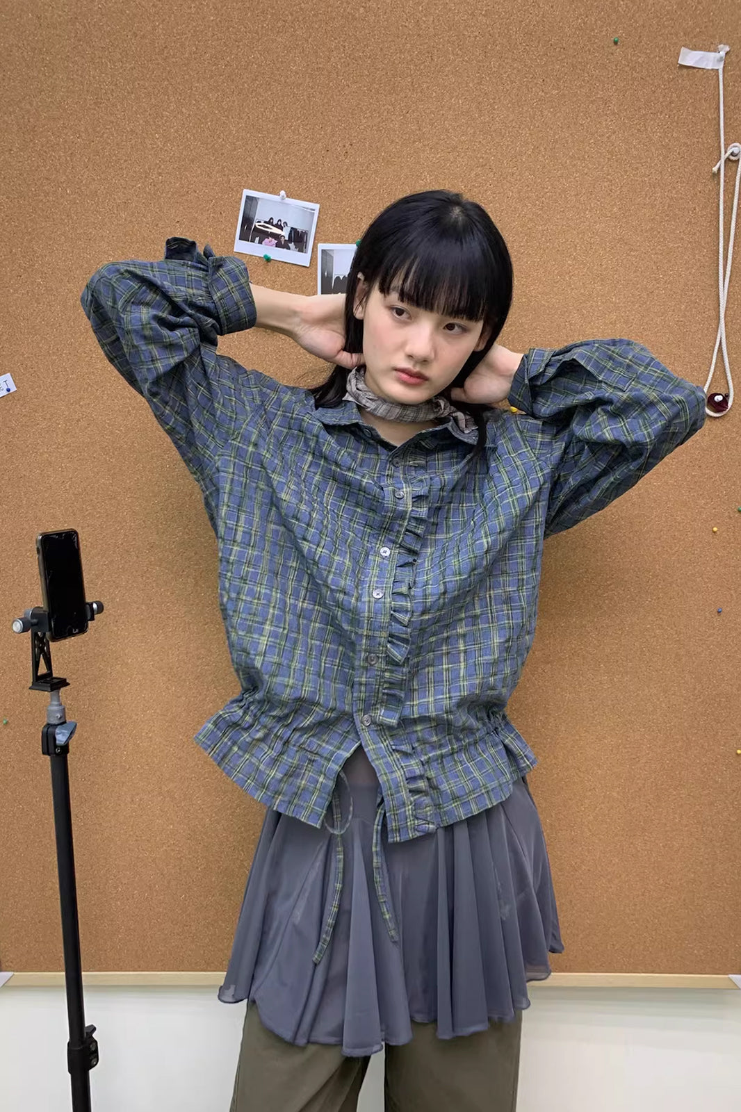 NEVERSEEZ Ruffle-Placket Seersucker Plaid Drawstring Shirt