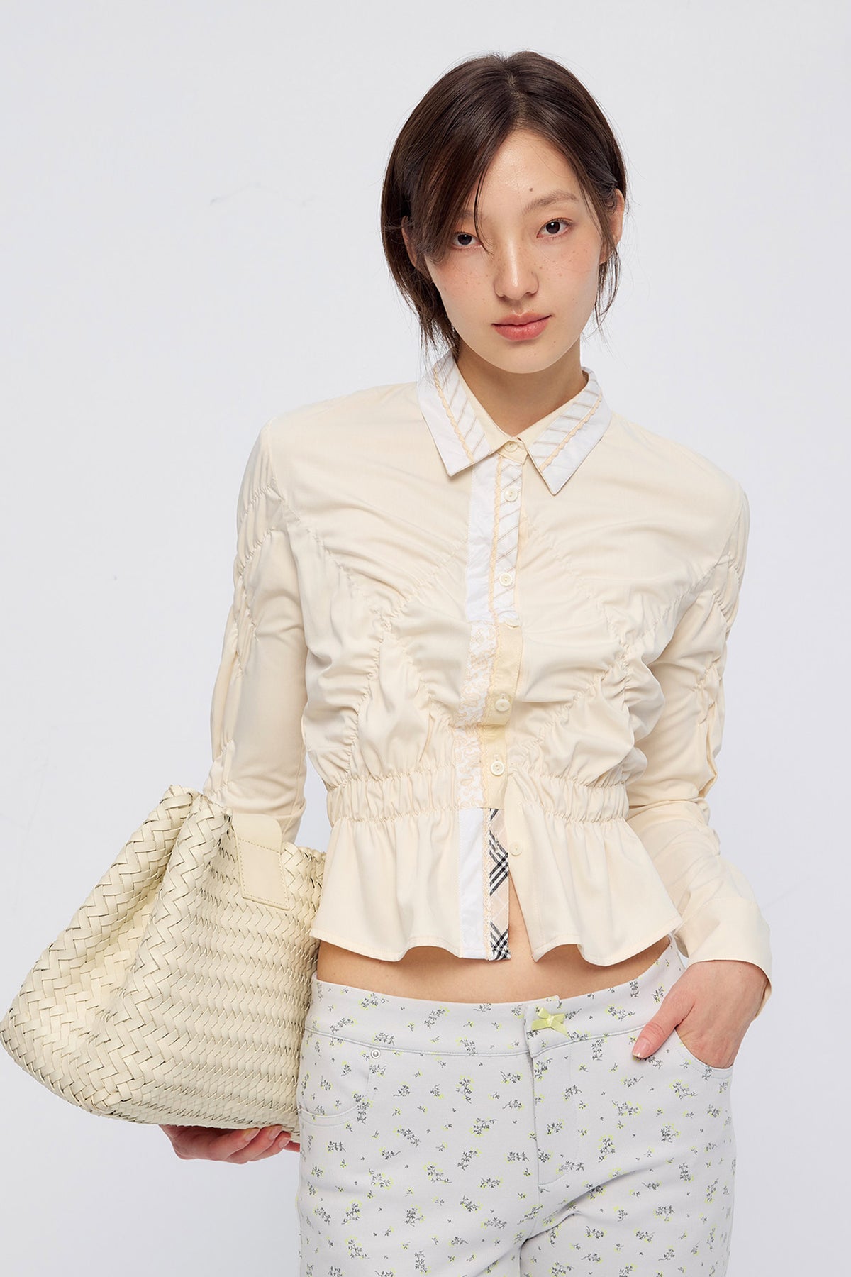 9266 STUDIO Asymmetrical Ruched Waist Shirt