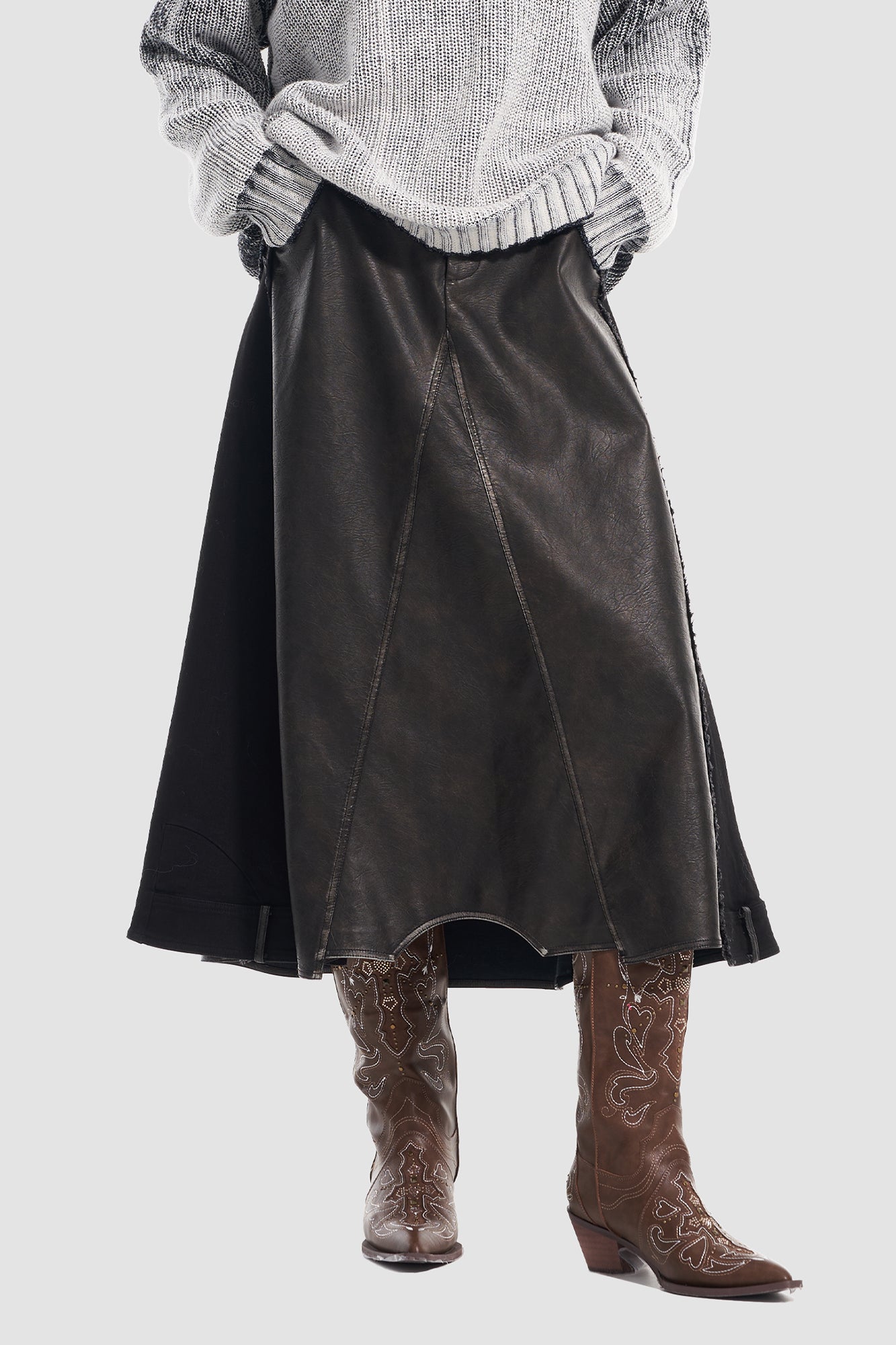 VANN VALRENCE Paneled Frayed Faux Leather A-Line Skirt
