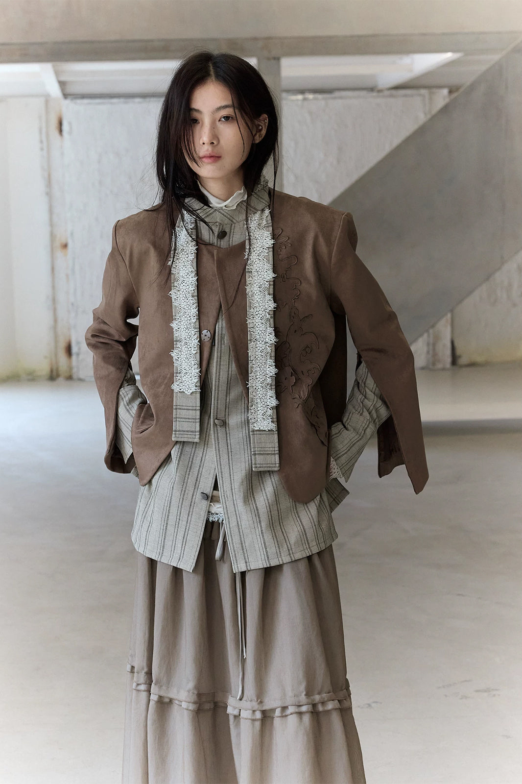 CHANGGUANG YUANZI Embroidered Patchwork Zip-Cuff Suede Jacket