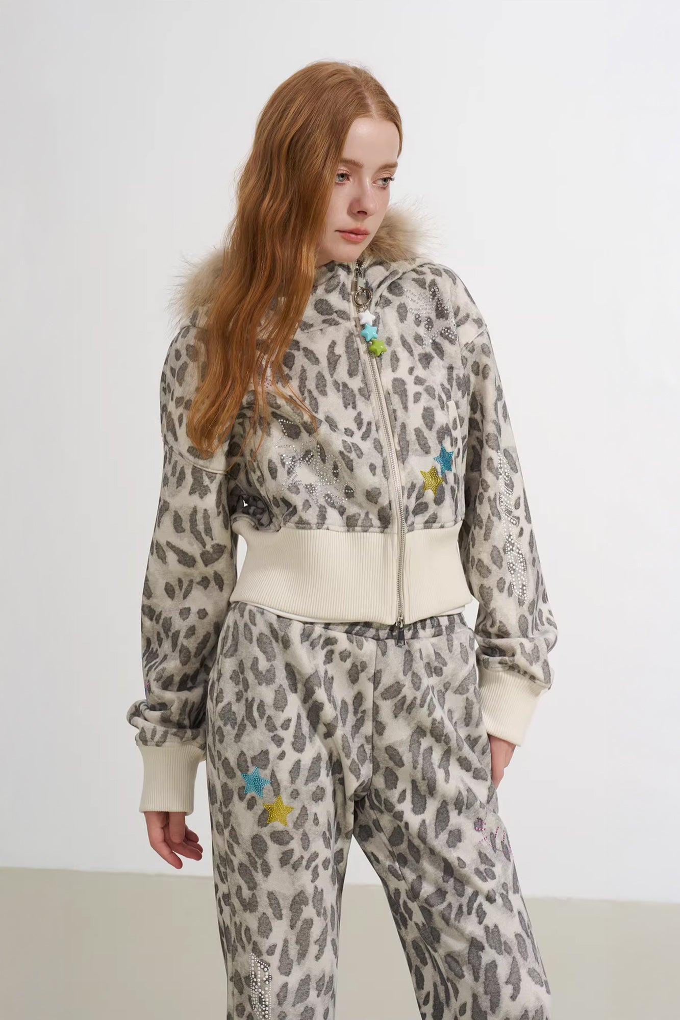 SOFITTE Leopard Diamond Faux-Fur Trim Cropped Jacket