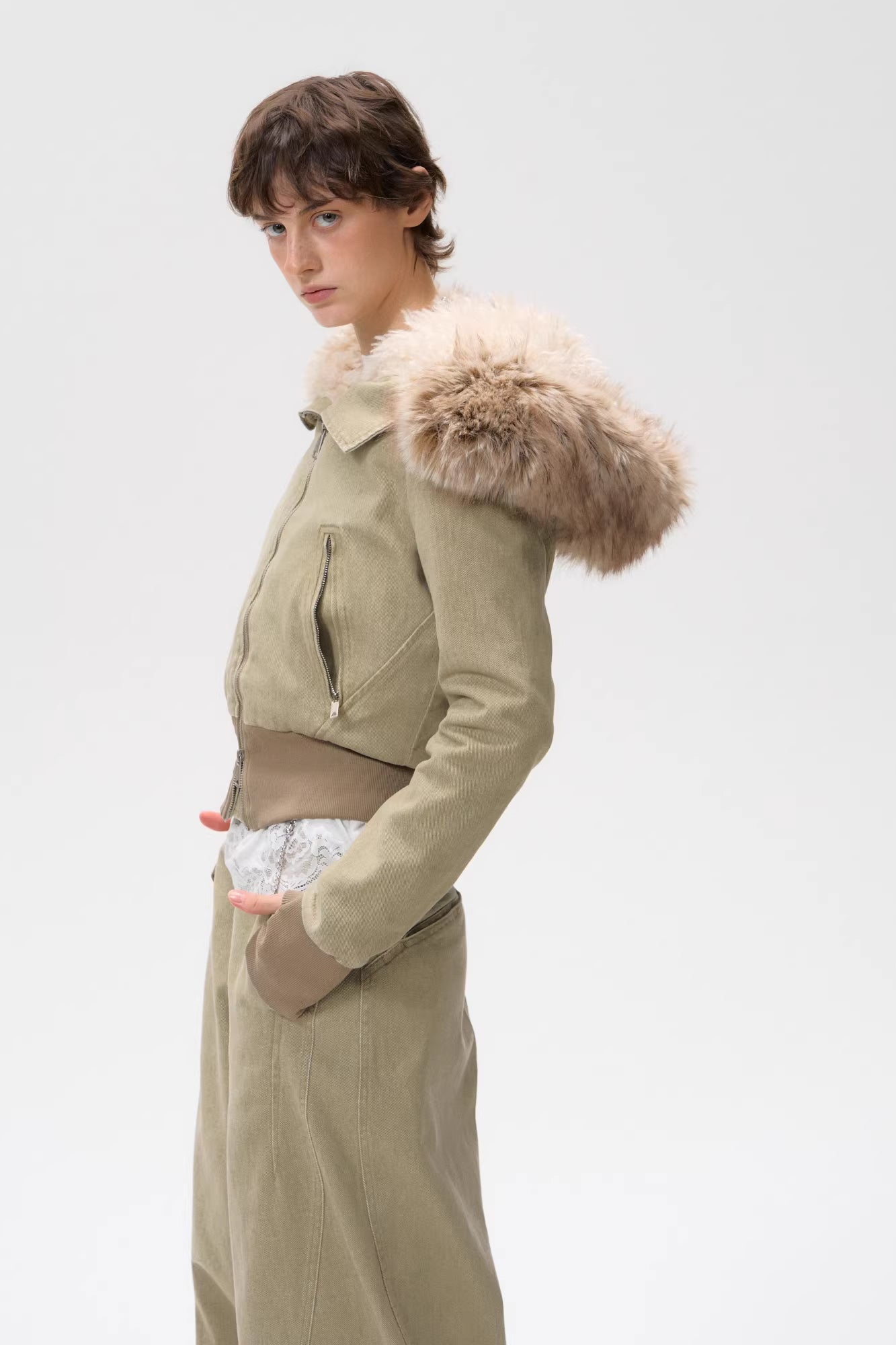 10AMSOTIIIIIIRED Sherpa-Lined Faux Fur Hooded Bomber Jacket