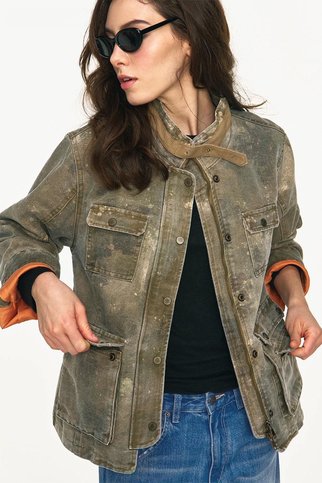 ANTENNA EFFECT Washed Multi-Pocket Zip-Up Jacket