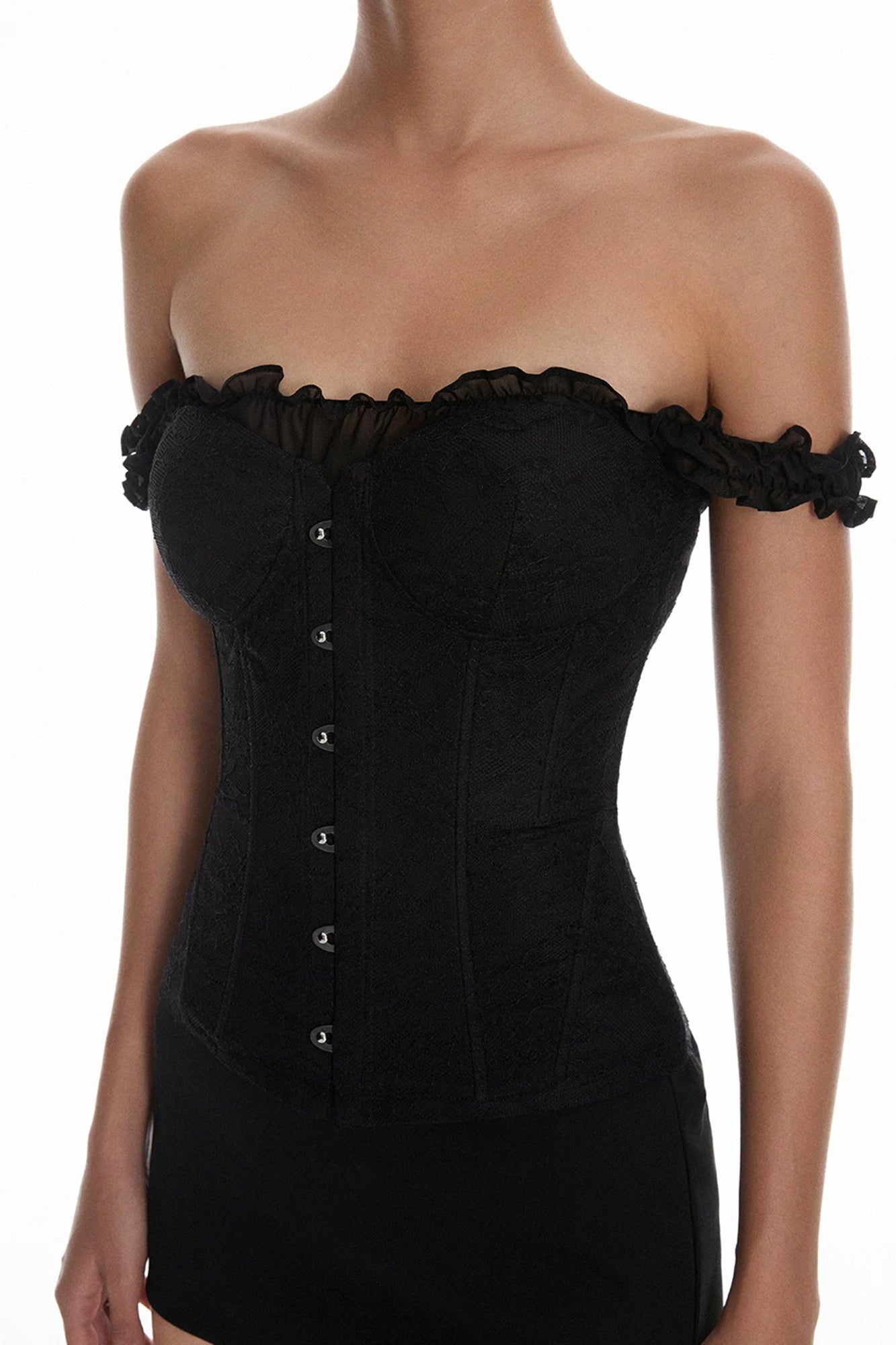 MILLIONLOTUS Ruffle Off-Shoulder Corset Top & Mini Skirt Set