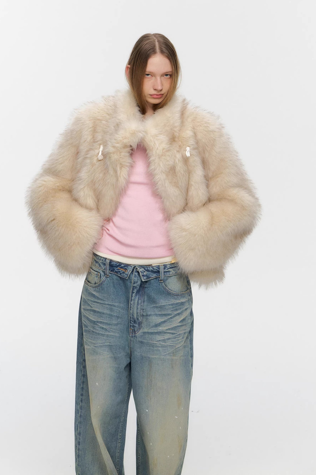 10AMSOTIIIIIIRED Asymmetrical Front Toggle Faux Fur Jacket