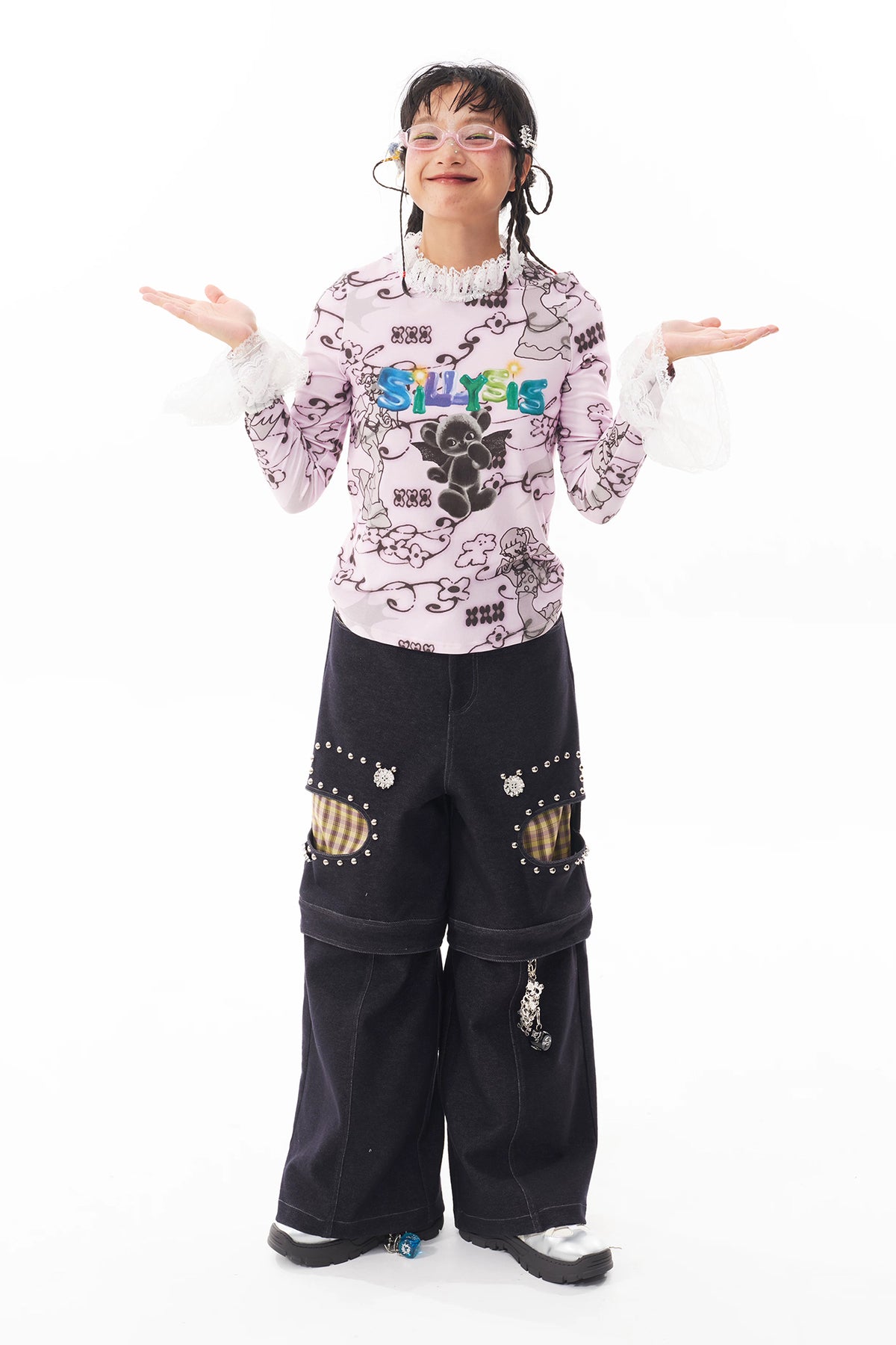 SILLYSIS Rivet Cut-Out Double-Knee Layered Jeans