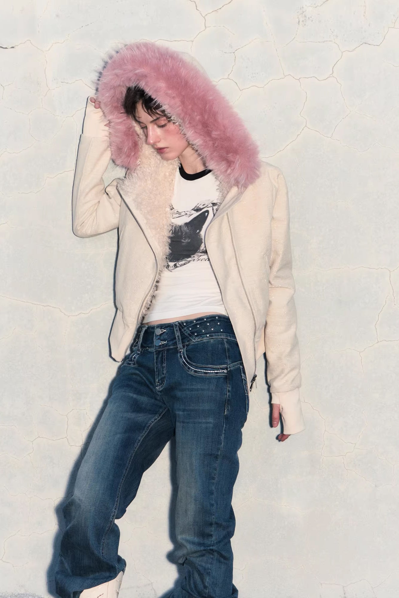 10AMSOTIIIIIIRED Sherpa-Lined Faux Fur Hooded Bomber Jacket