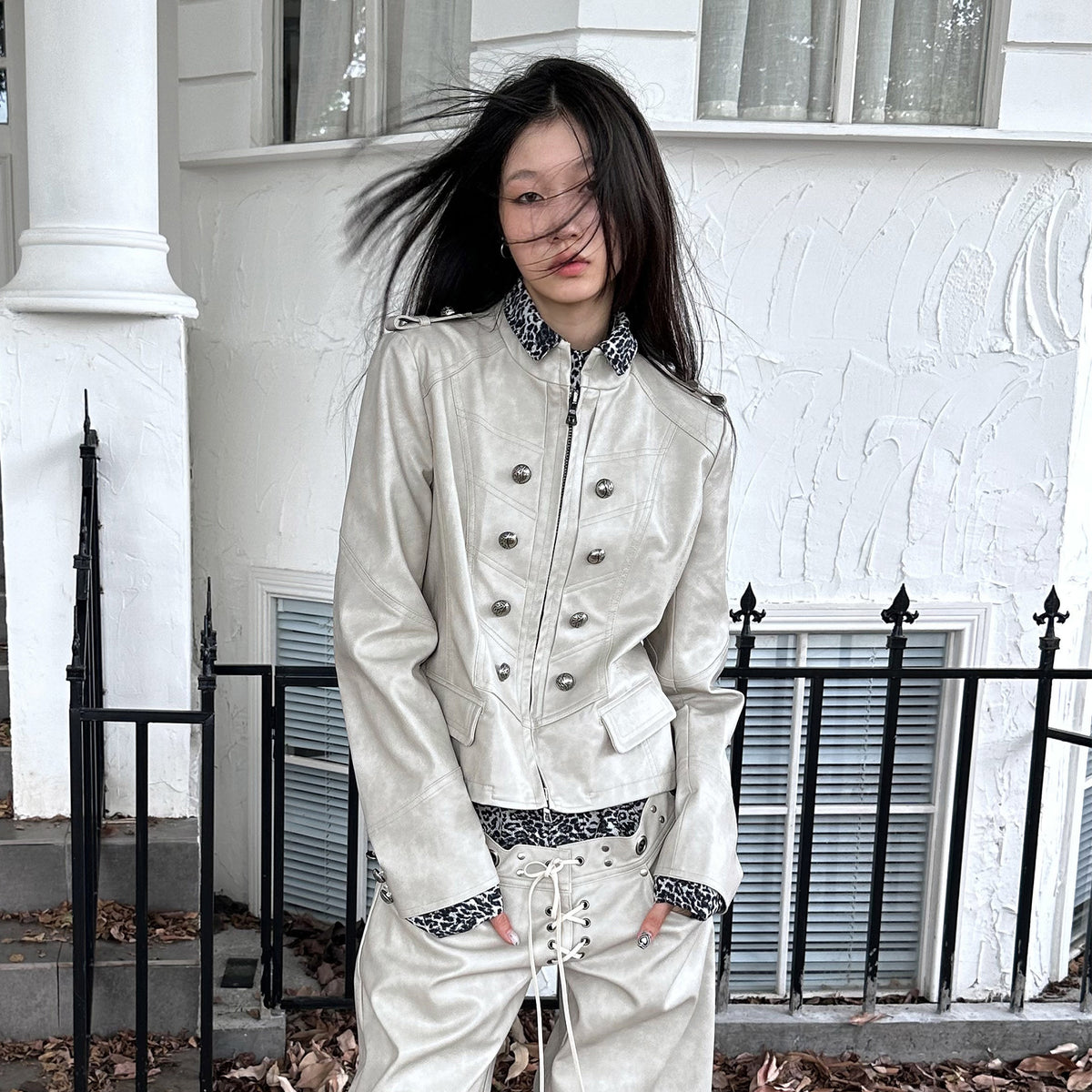 FULLTIDE Retro Spliced Leopard Faux Leather Jacket