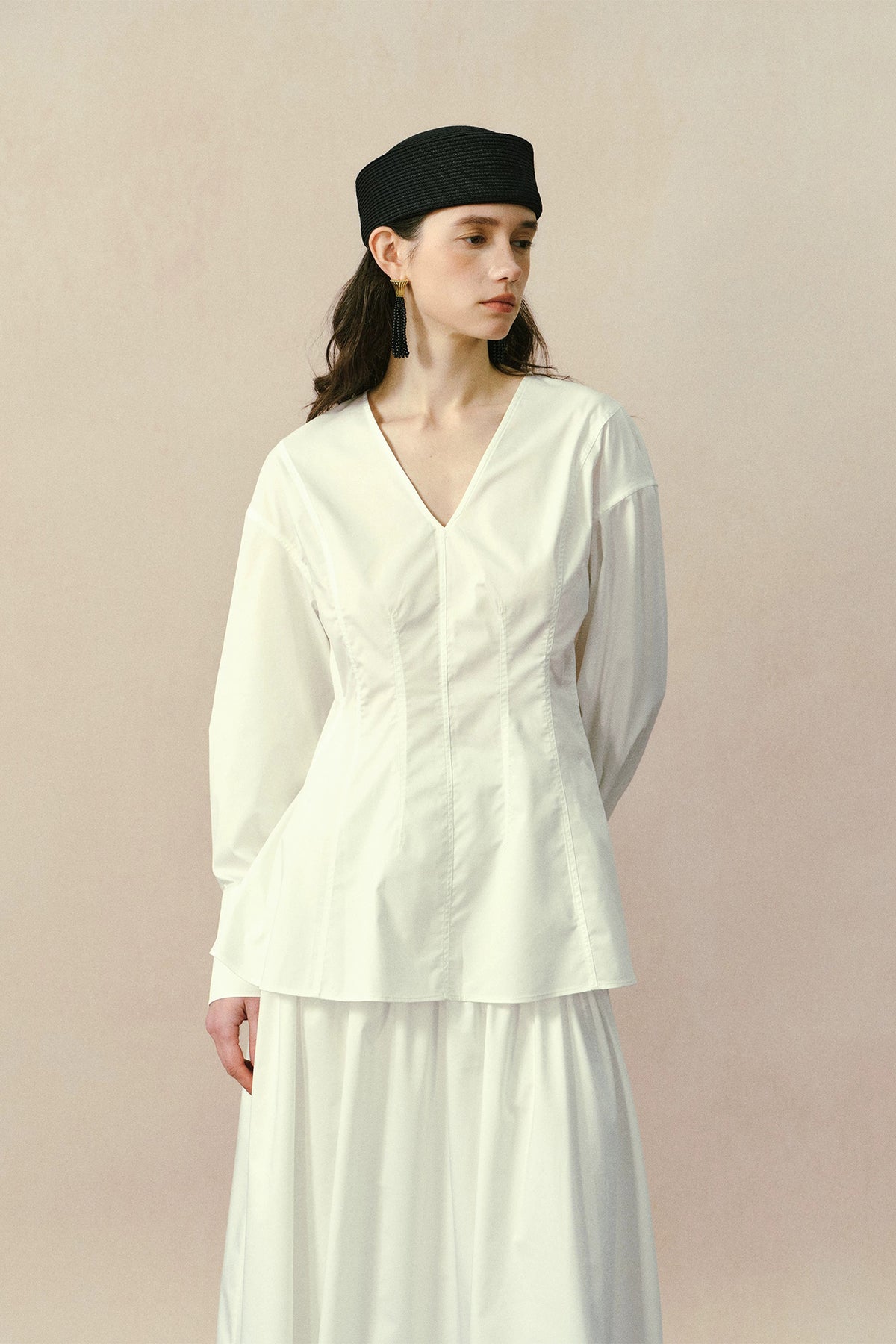 YUANYE Cinched-Waist V-Neck Bamboo-Blend Blouse