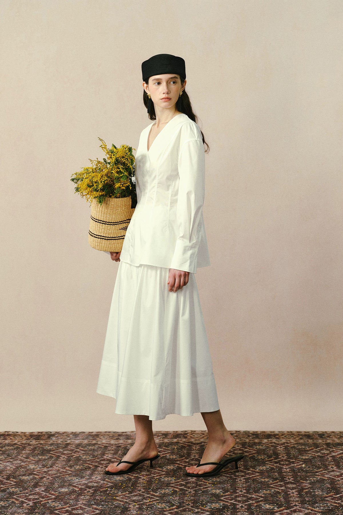 YUANYE Cinched-Waist V-Neck Bamboo-Blend Blouse