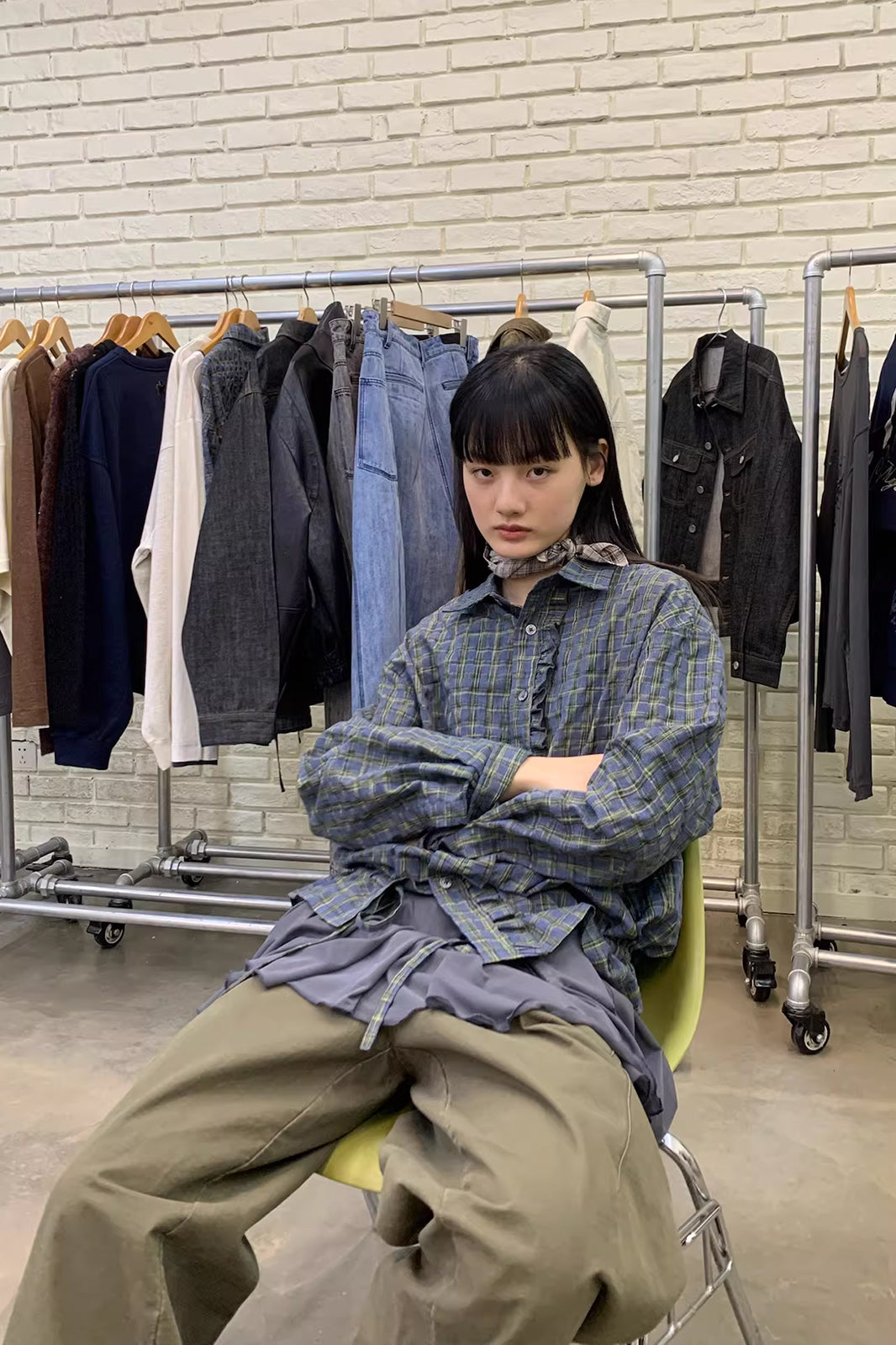 NEVERSEEZ Ruffle-Placket Seersucker Plaid Drawstring Shirt