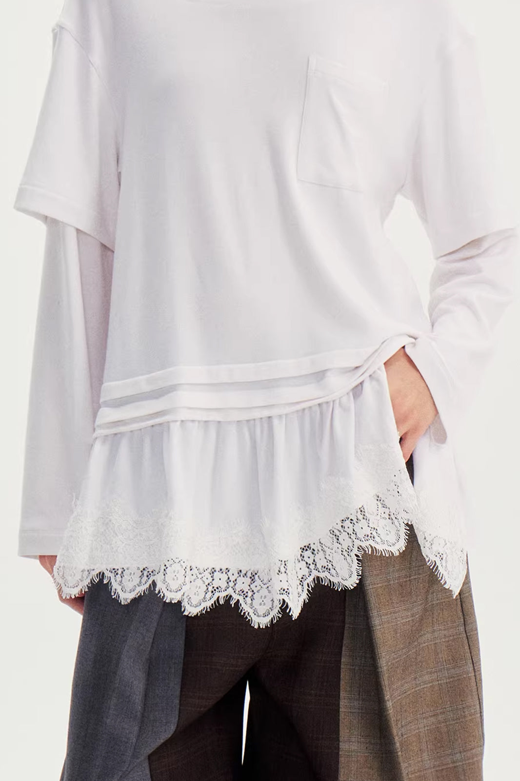 WII WIL Faux-Layer Lace-Hem Long-Sleeve Tee