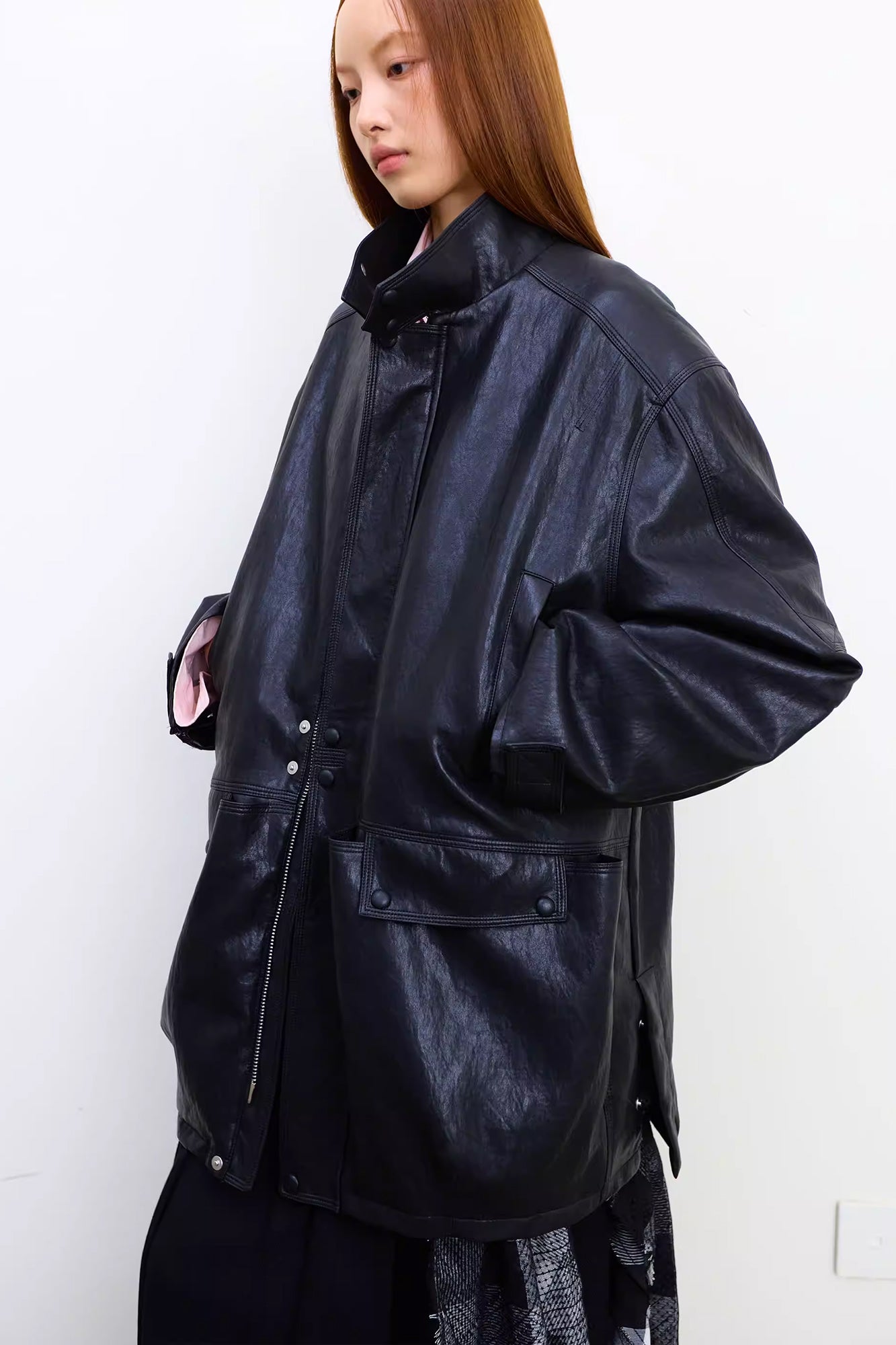 NEVERSEEZ Quilted Faux Leather Stand-Collar Utility Jacket