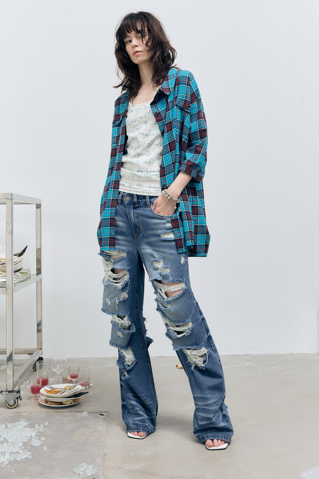 FULLTIDE Distressed Washed Wide-Leg Jeans