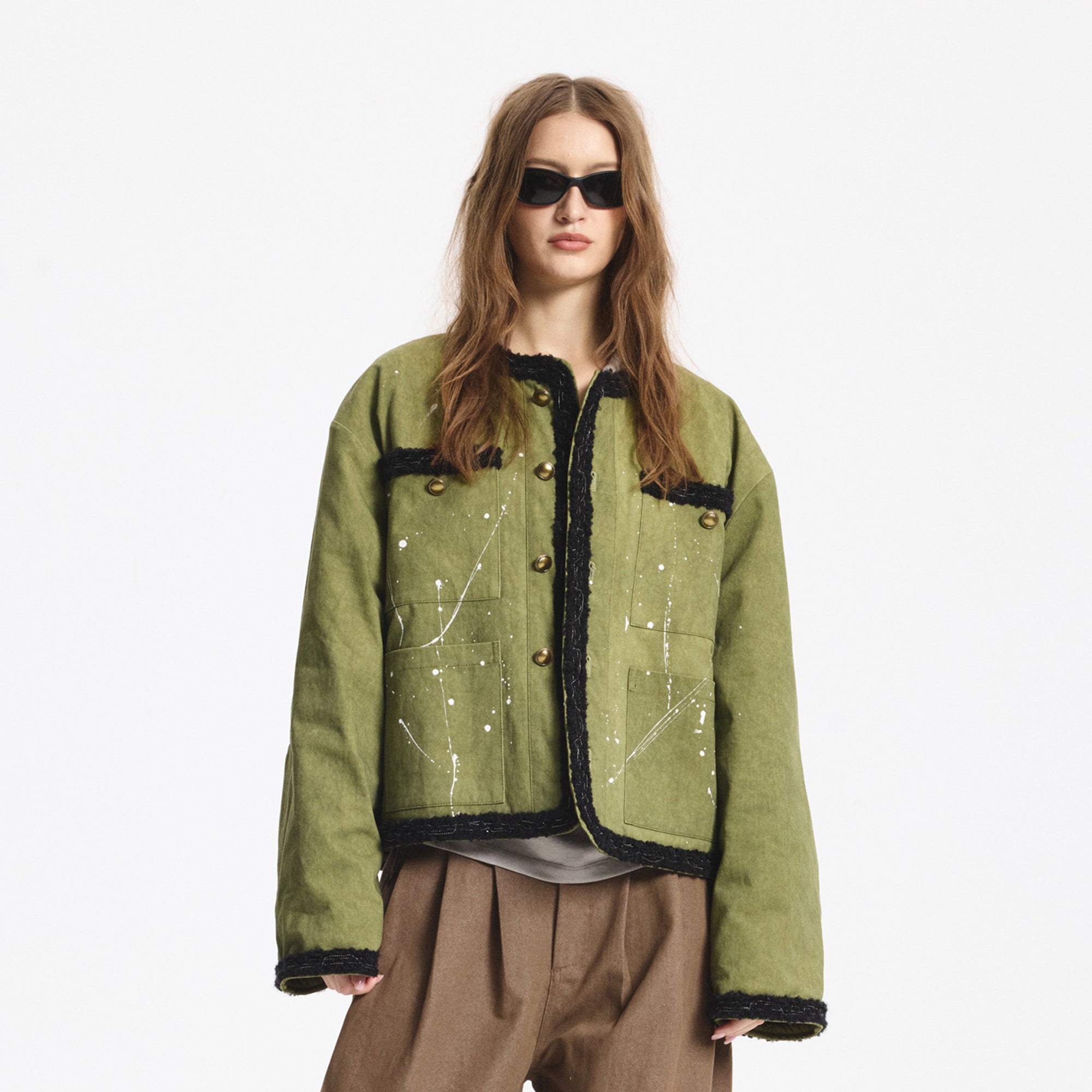 LEONSENSE Paneled Fleece Trim Paint-Splattered Jacket