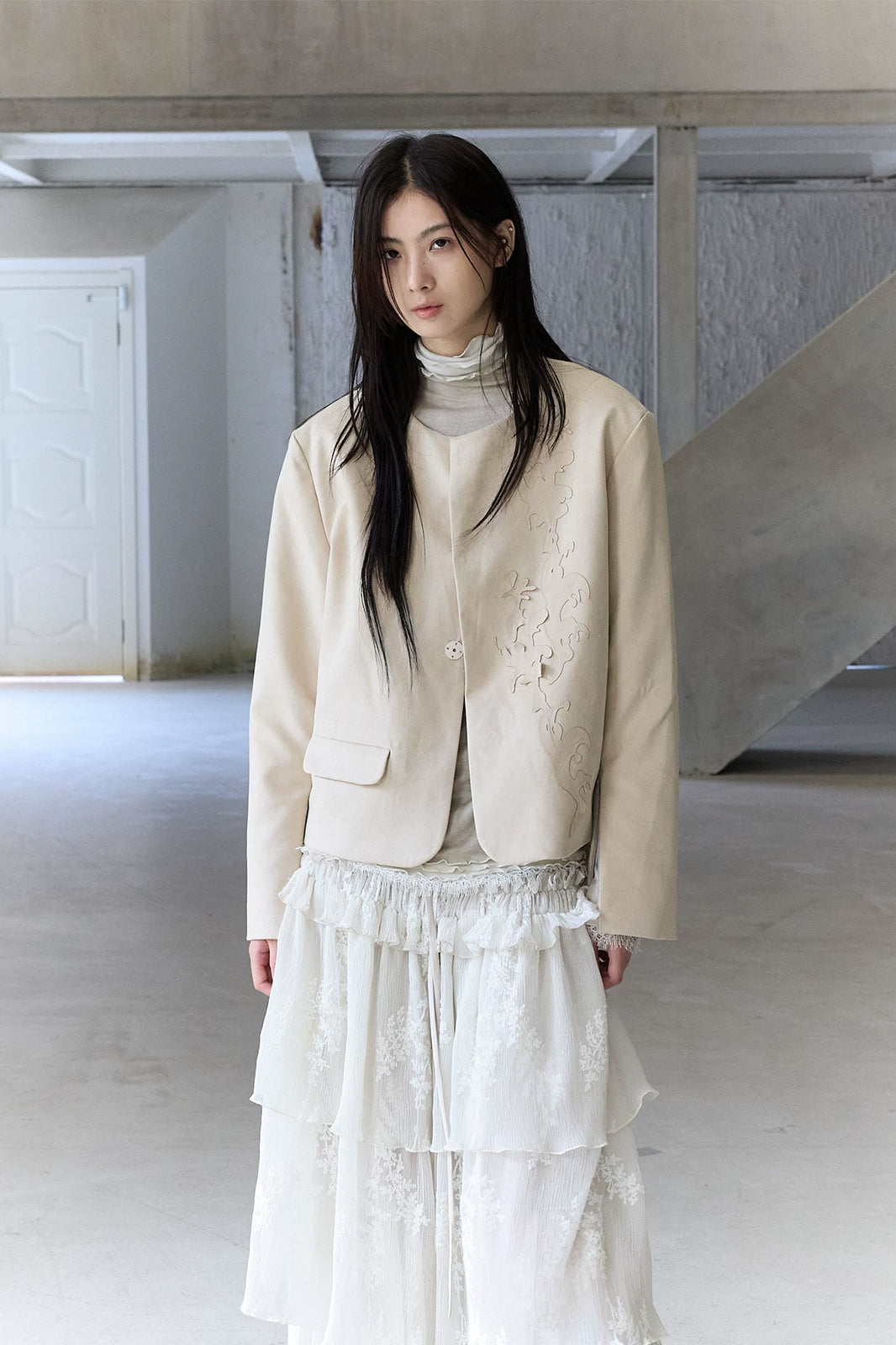 CHANGGUANG YUANZI Embroidered Patchwork Zip-Cuff Suede Jacket
