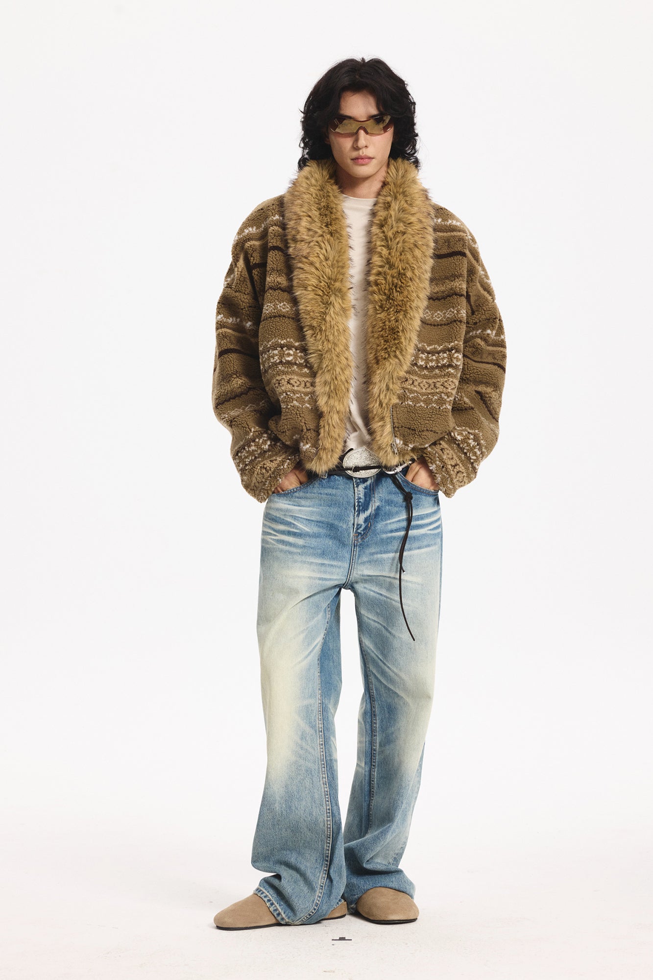 LEONSENSE Detachable Faux Fur Collar Fair Isle Jacket