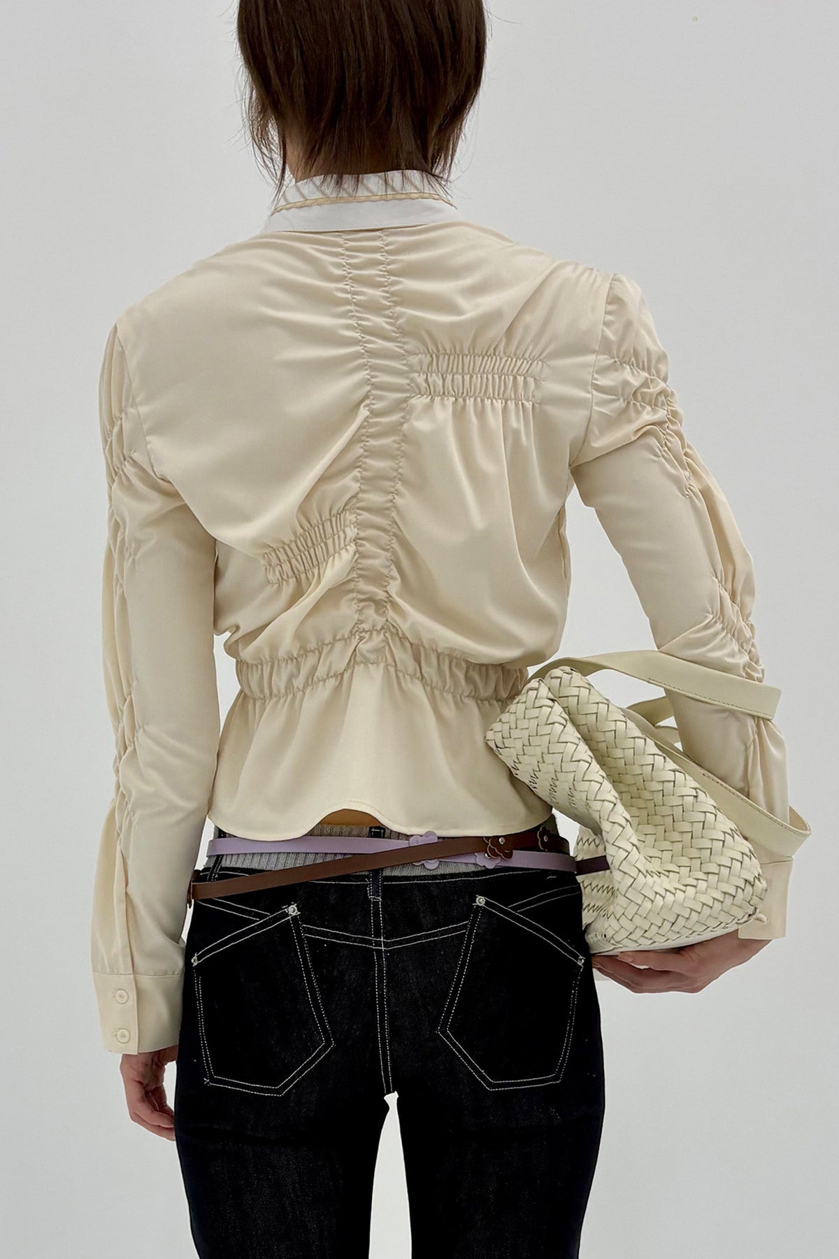 9266 STUDIO Asymmetrical Ruched Waist Shirt
