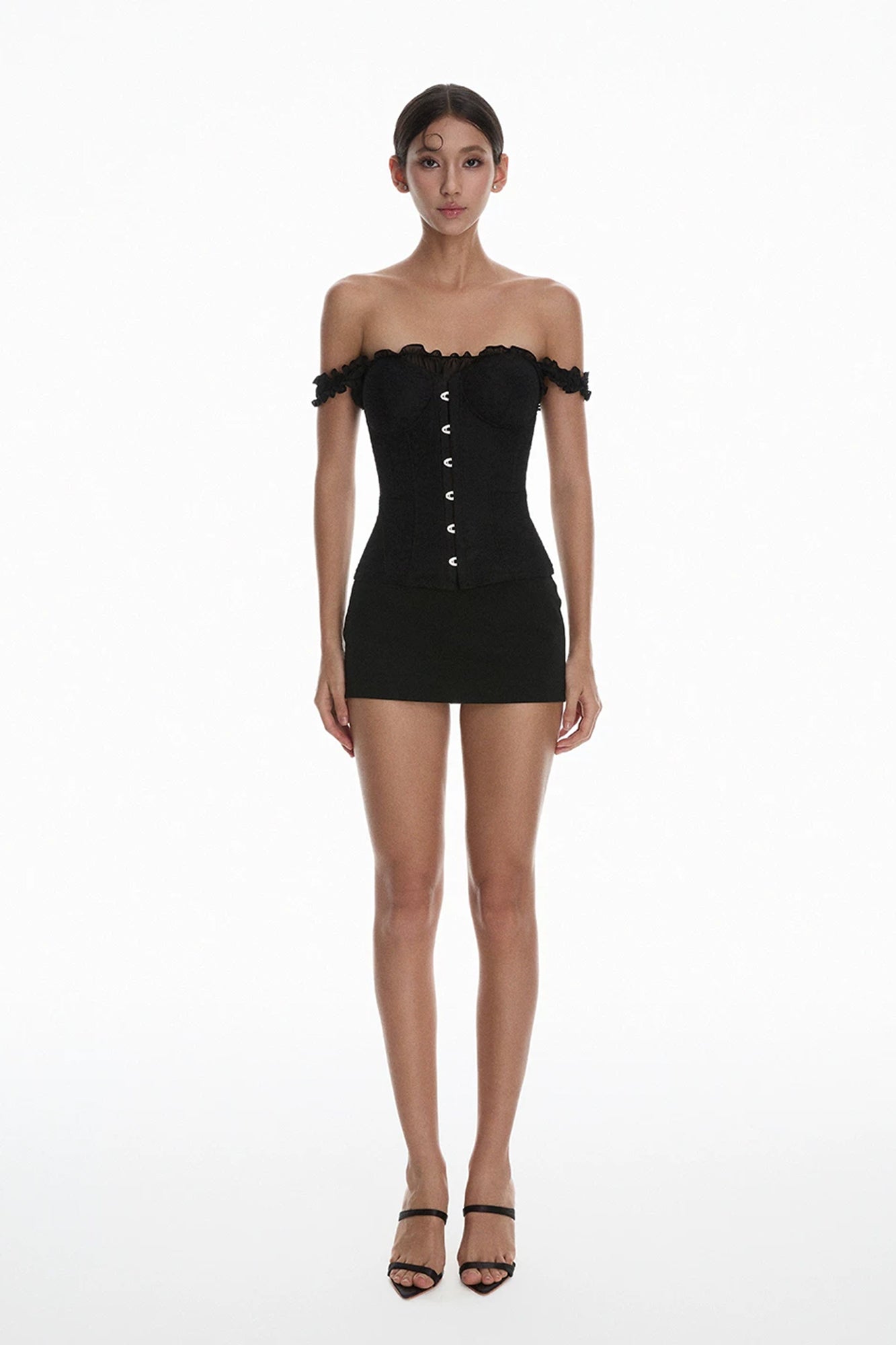 MILLIONLOTUS Ruffle Off-Shoulder Corset Top & Mini Skirt Set