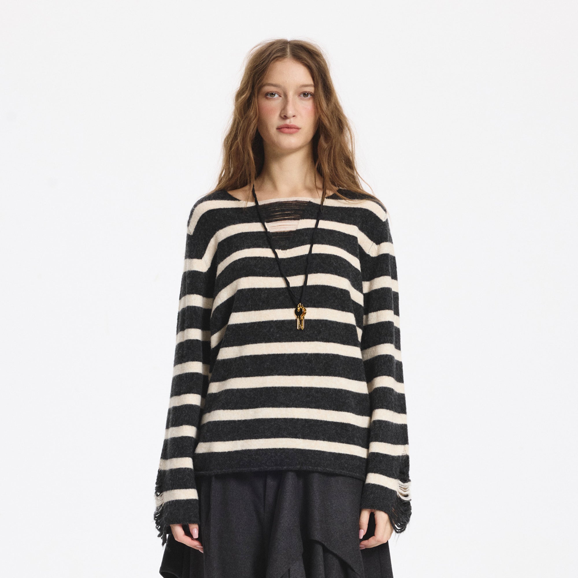 LEONSENSE Distressed Stripe Knit Pullover