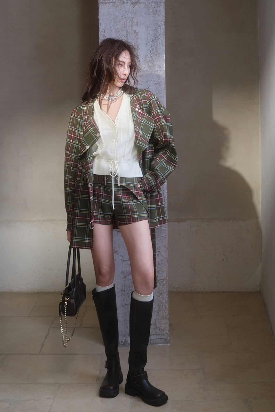 MXU Retro Plaid Deconstructed Trench Coat & Shorts Set