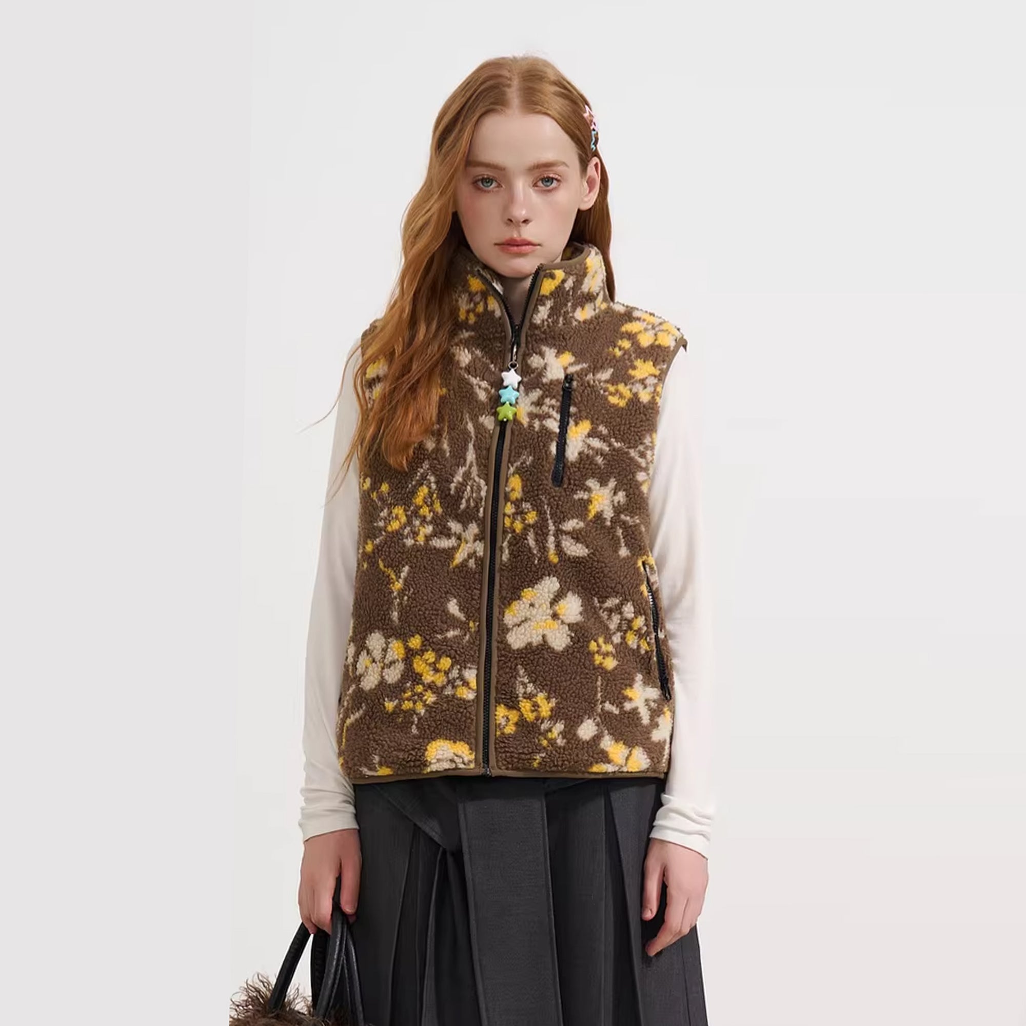 SOFITTE Retro Floral Faux-Shearling Mockneck Vest