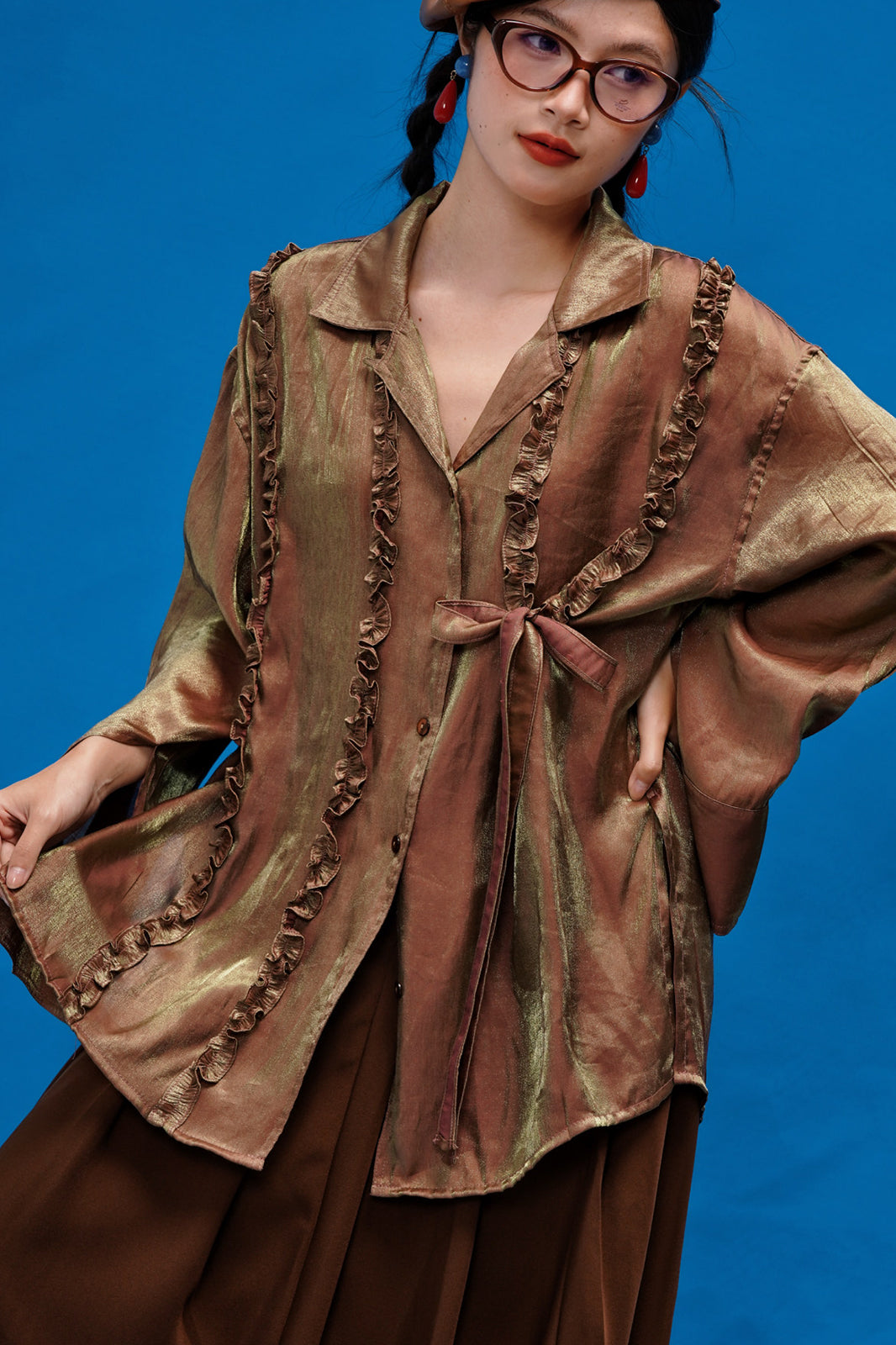 NOPMOB Satin Ruffled Iridescent Oversized Shirt